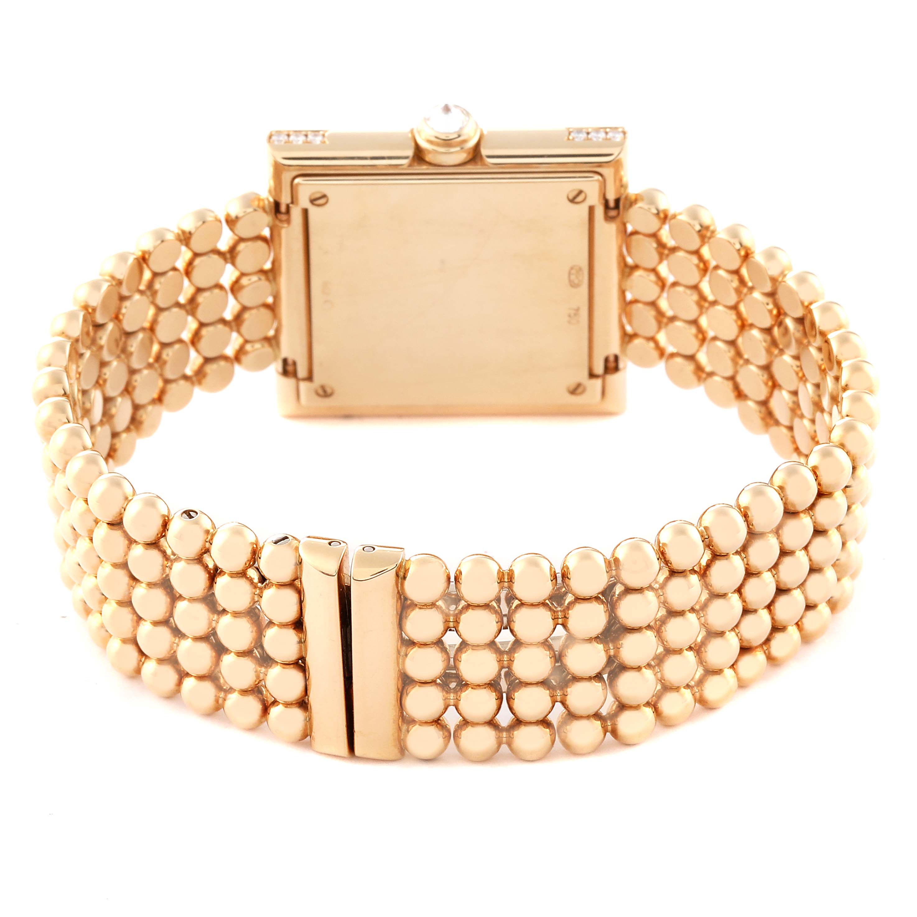 The image shows the back view of a Patek Philippe Gondolo 4868/1R-010 Women's Rose Gold Brown Dial 4868/1R-010 Women's Rose Gold Brown Dial watch, highlighting its gold bracelet and clasp.