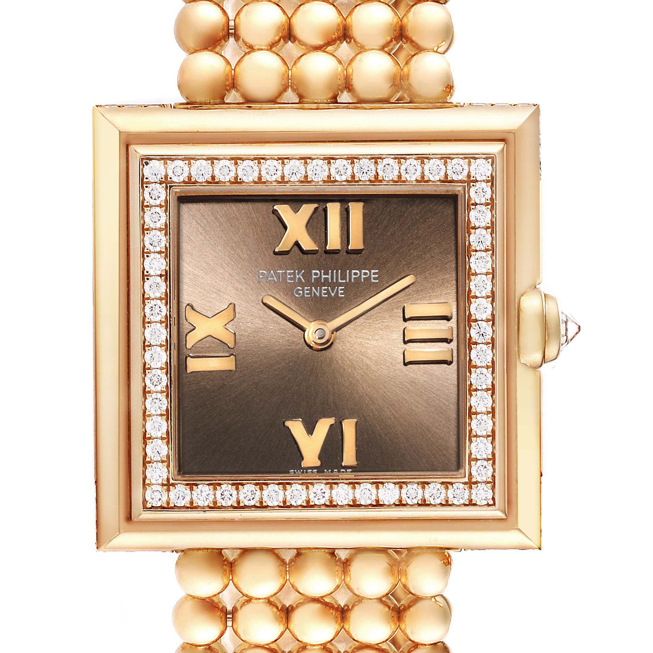 The image shows a front view of the Patek Philippe Gondolo 4868/1R-010 Women's Rose Gold Brown Dial 4868/1R-010 Women's Rose Gold Brown Dial watch, highlighting its brown dial, Roman numeral markers, and diamond bezel.