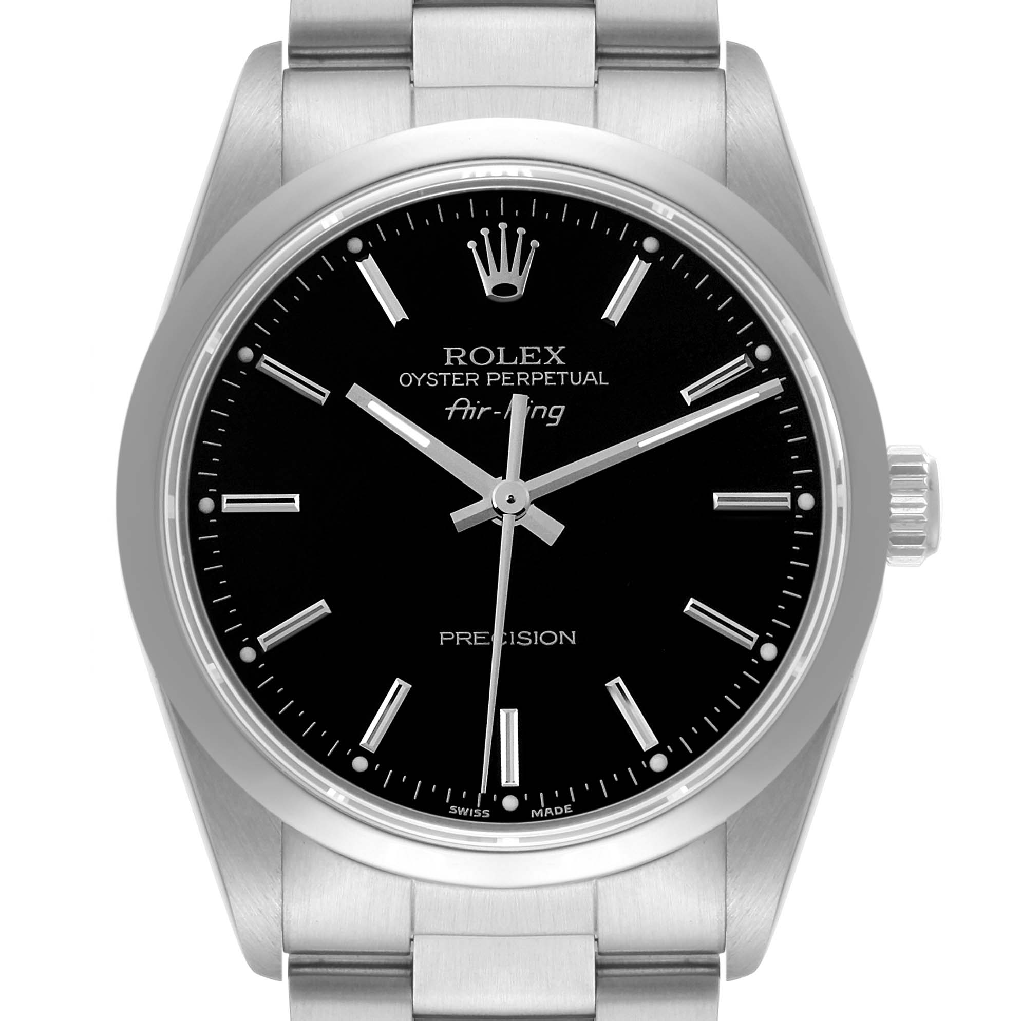 The image shows a front view of the Rolex Air-King 14000 Men's Stainless Steel Black Dial 14000 Men's Stainless Steel Black Dial watch, highlighting its black dial and stainless steel bracelet.