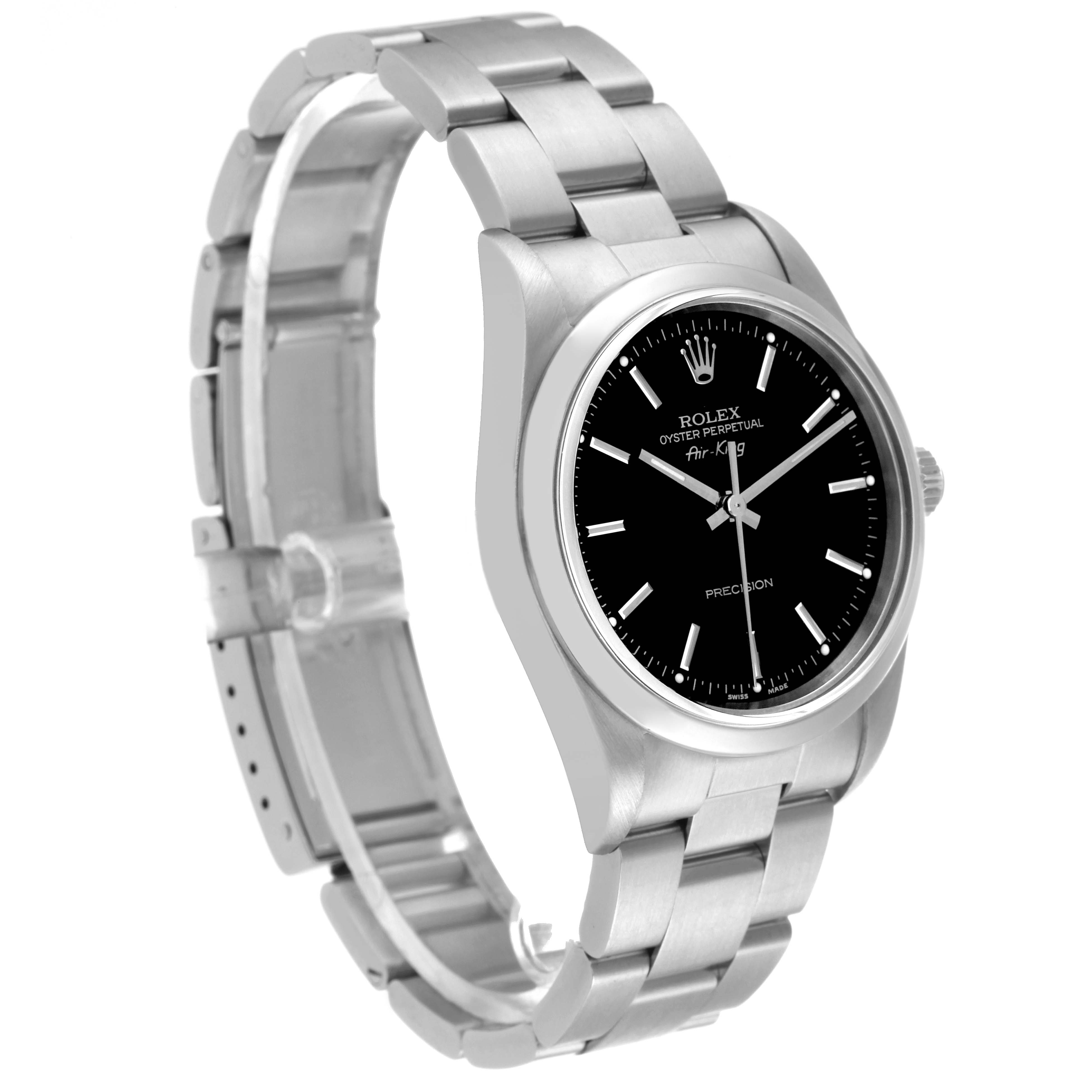 The image shows a Rolex Air-King 14000 Men's Stainless Steel Black Dial 14000 Men's Stainless Steel Black Dial watch at a three-quarters angle, highlighting the black dial, stainless steel case, and bracelet.