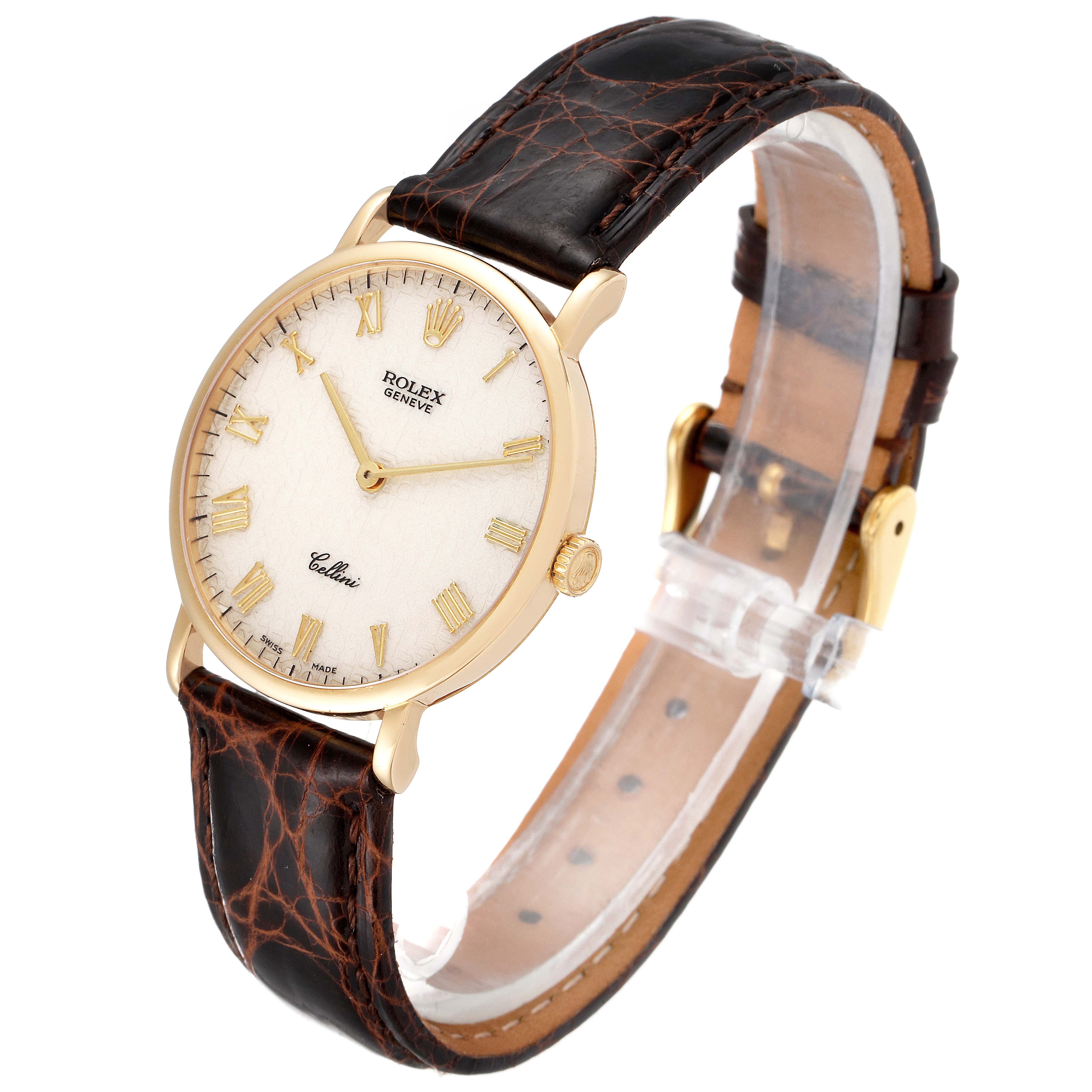 The image shows a Rolex Cellini 5112 Men's Yellow Gold Beige Dial 5112 Men's Yellow Gold Beige Dial watch photographed at a three-quarter angle, featuring its face, leather strap, and clasp.