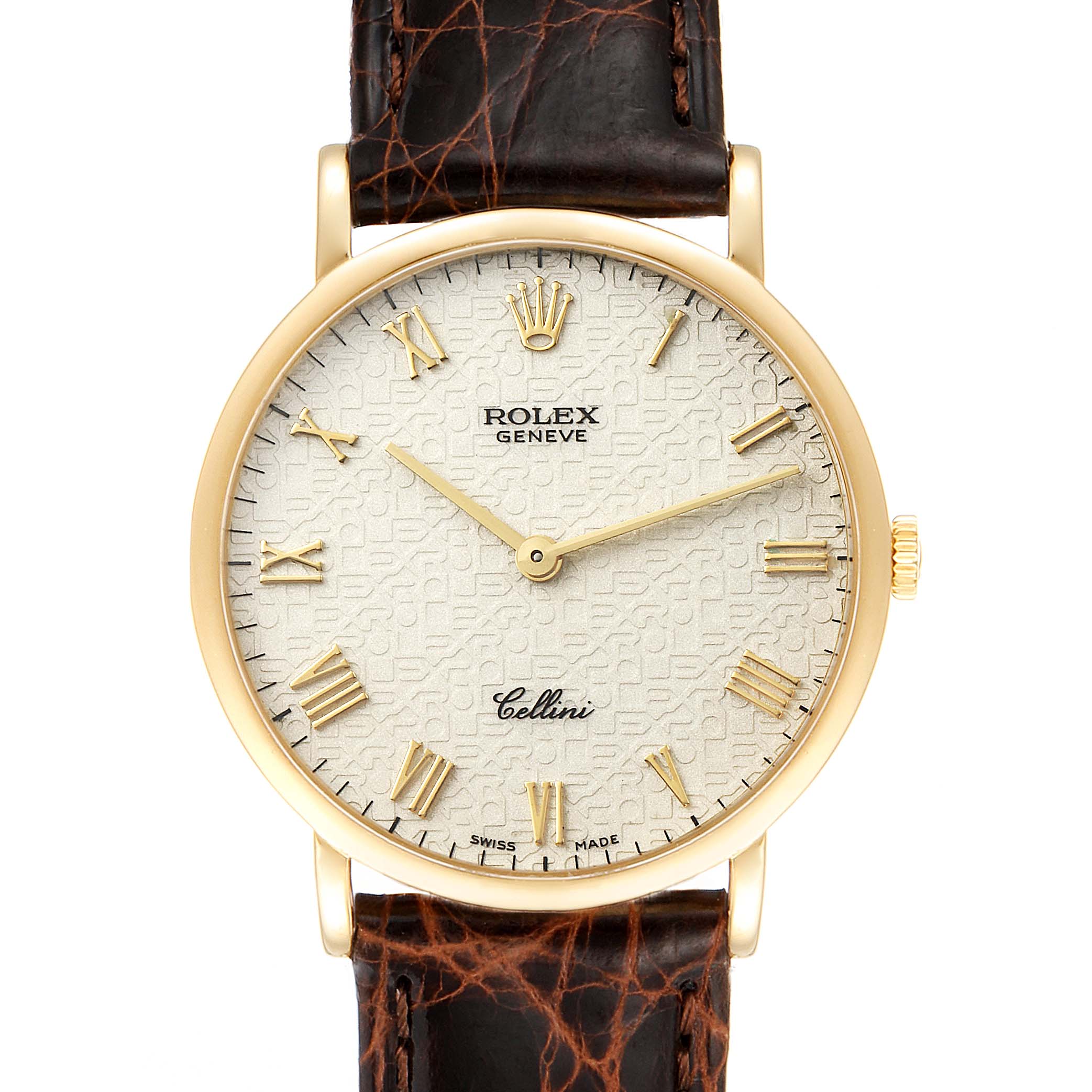 The image shows a front view of a Rolex Cellini 5112 Men's Yellow Gold Beige Dial 5112 Men's Yellow Gold Beige Dial watch displaying its dial, gold casing, and leather strap.