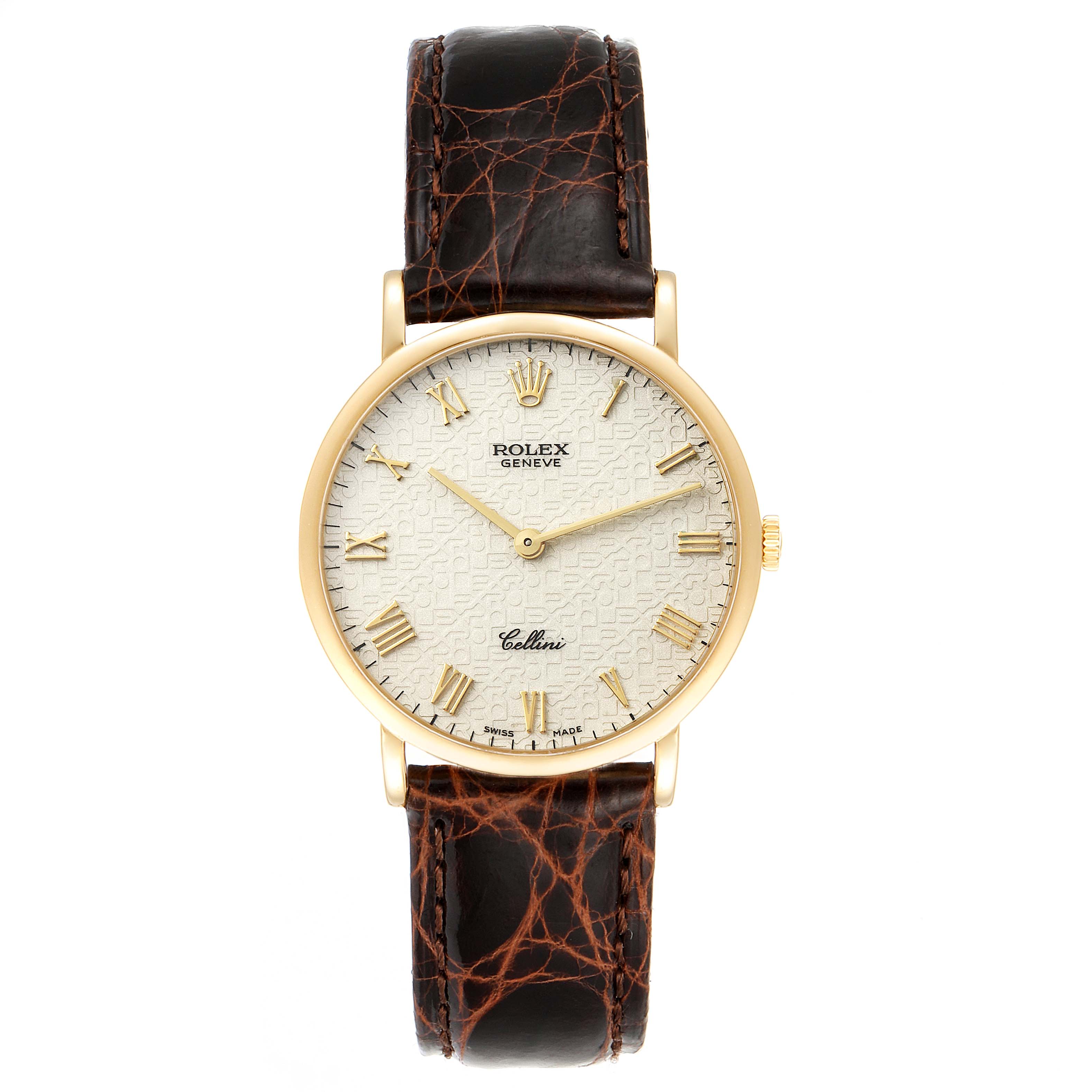 This Rolex Cellini 5112 Men's Yellow Gold Beige Dial 5112 Men's Yellow Gold Beige Dial watch is shown at a straight-on angle, highlighting its face, dial, and leather strap.