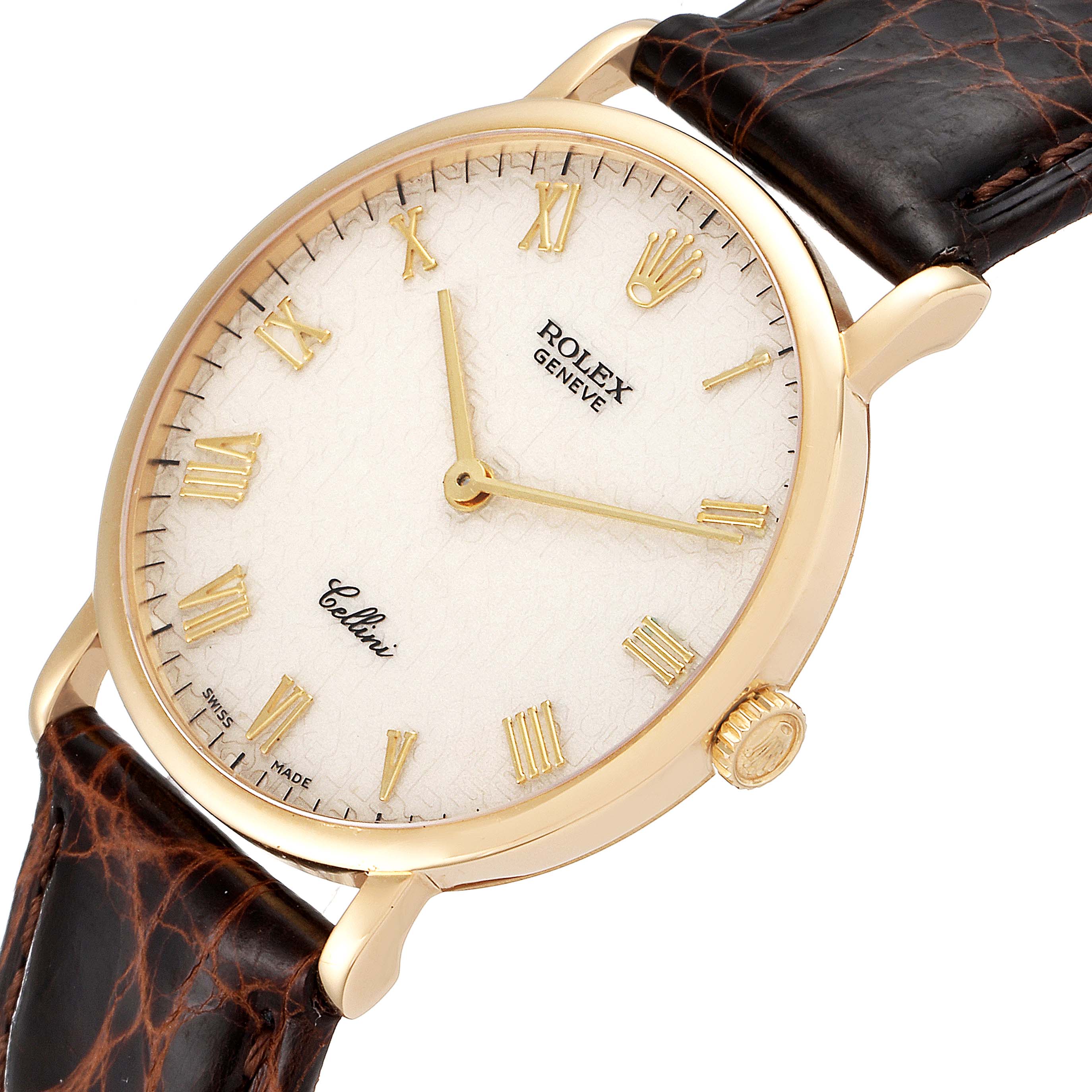 The image shows a Rolex Cellini 5112 Men's Yellow Gold Beige Dial 5112 Men's Yellow Gold Beige Dial watch at an angle, highlighting its dial, gold case, crown, and leather strap.