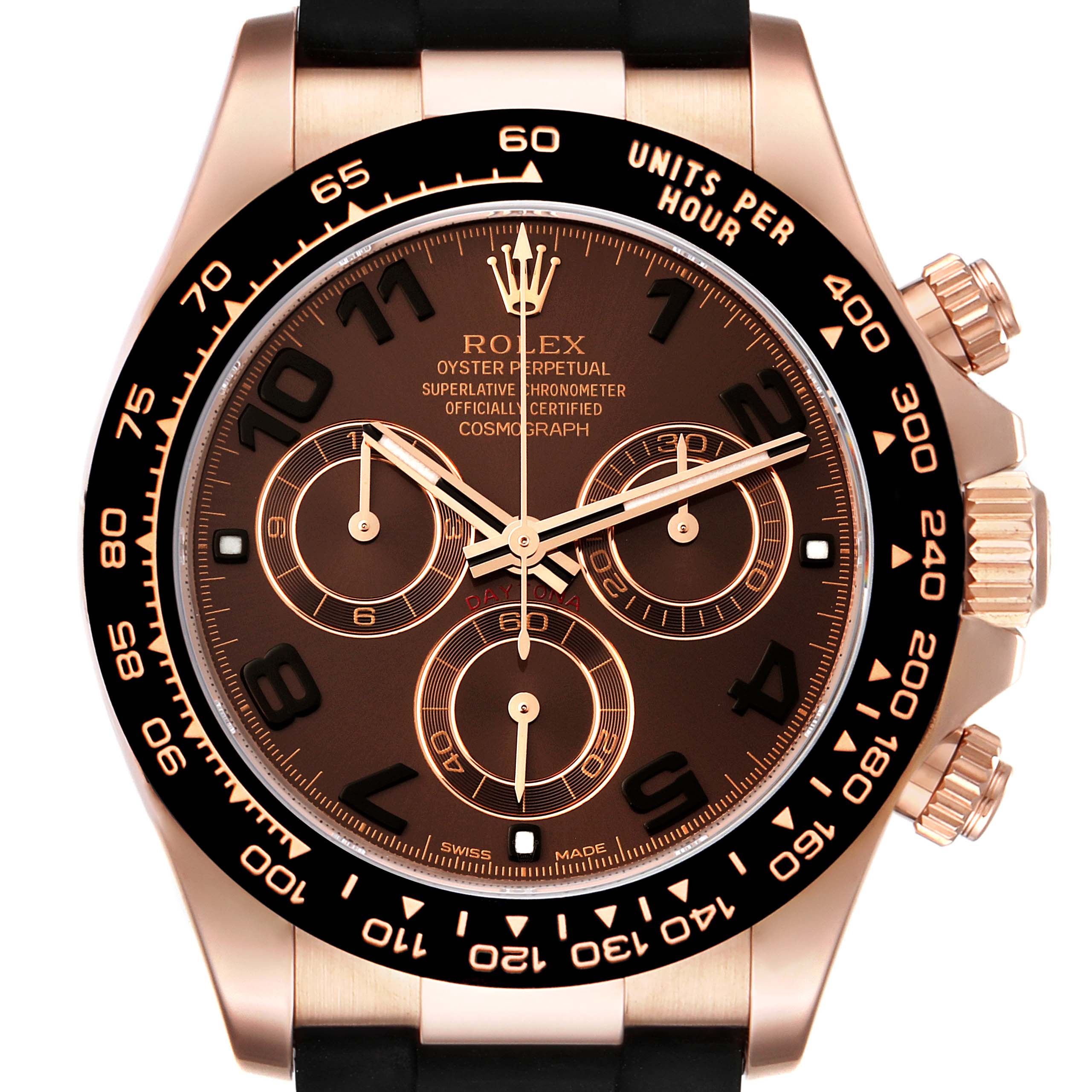 The image shows a close-up, front angle of the Rolex Daytona 116515 Men's Rose Gold Brown Dial 116515 Men's Rose Gold Brown Dial watch, highlighting the dial, bezel, and chronograph subdials.