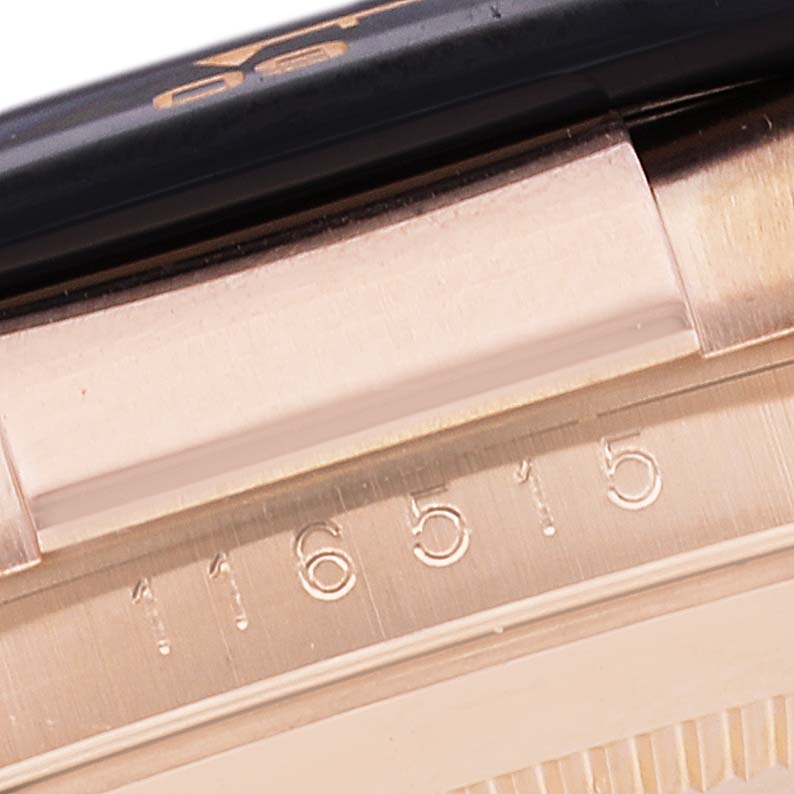 The image shows a close-up of the edge of the case and part of the bezel of a Rolex Daytona 116515 Men's Rose Gold Brown Dial 116515 Men's Rose Gold Brown Dial model watch.