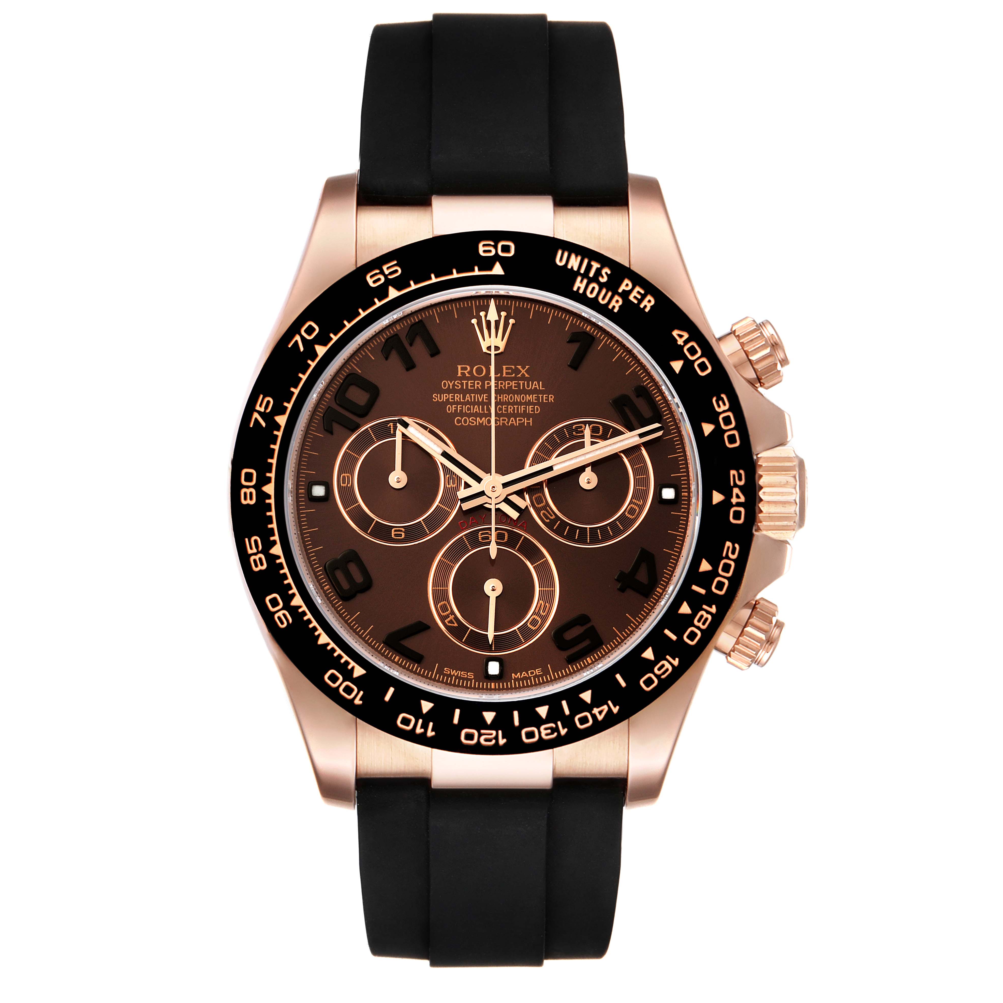 This image shows a frontal view of a Rolex Daytona 116515 Men's Rose Gold Brown Dial 116515 Men's Rose Gold Brown Dial watch, highlighting the dial, bezel, and rubber strap.