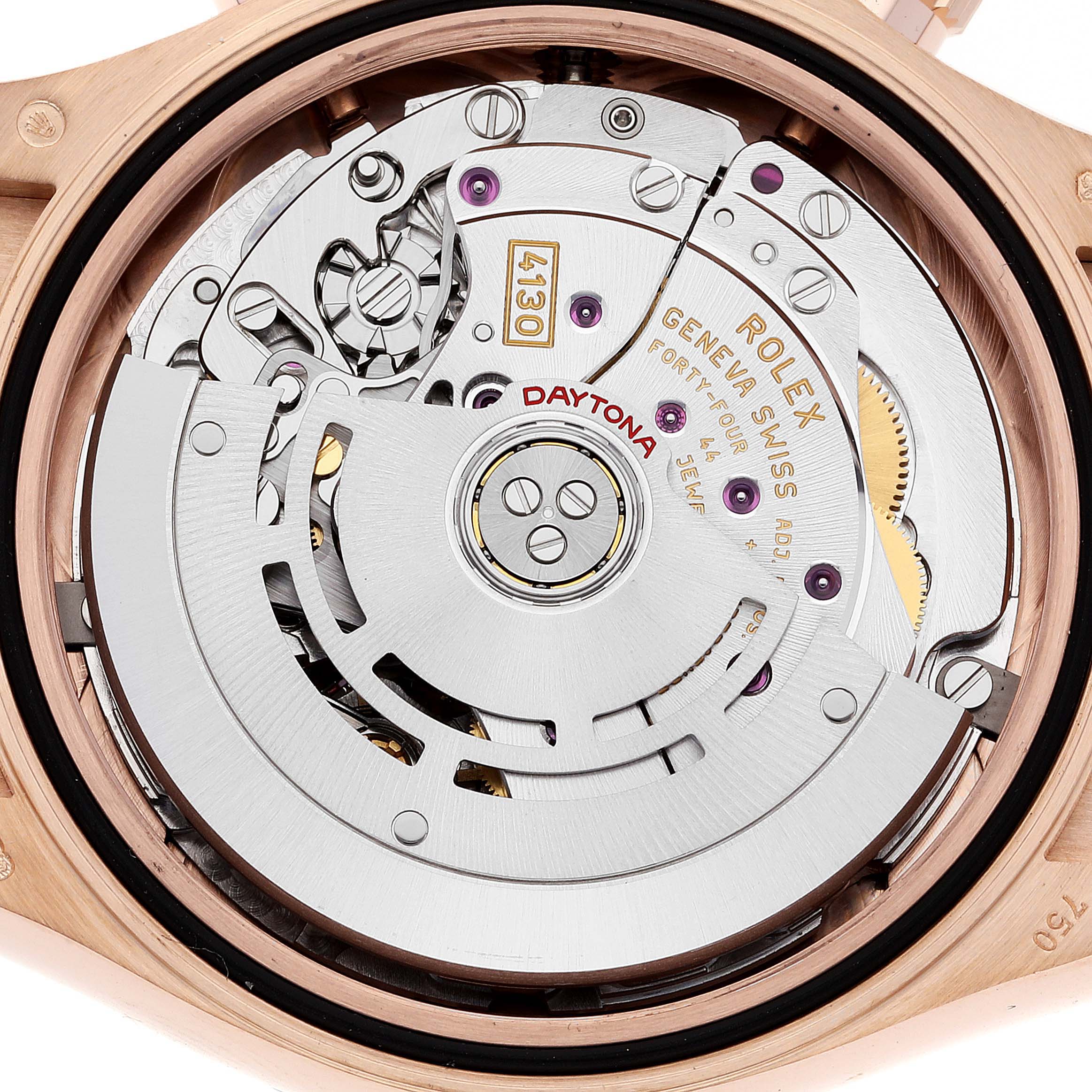 This image shows a close-up view of the internal mechanical movement of a Rolex Daytona 116515 Men's Rose Gold Brown Dial 116515 Men's Rose Gold Brown Dial watch.