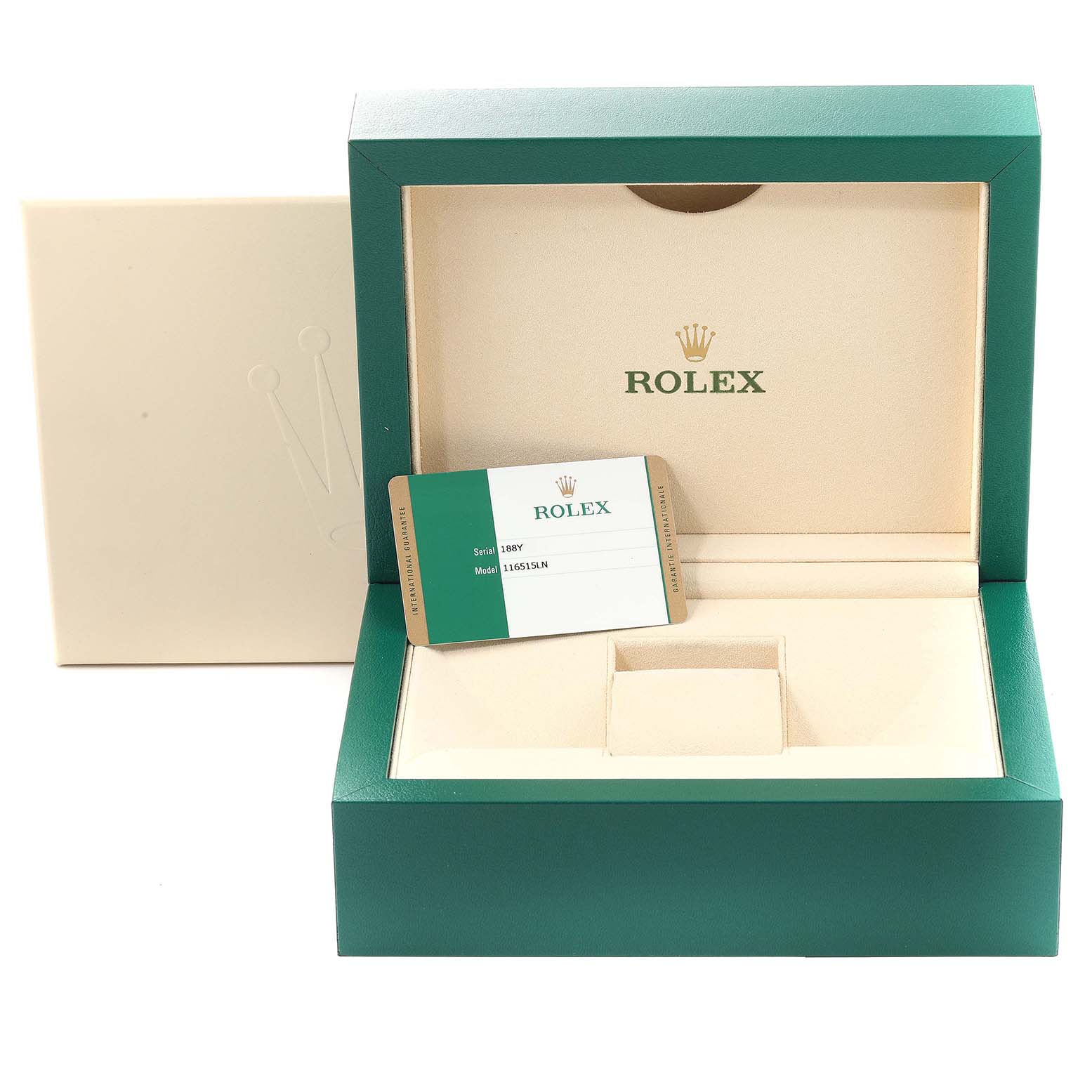 This image shows an open Rolex Daytona 116515 Men's Rose Gold Brown Dial 116515 Men's Rose Gold Brown Dial watch box at a front angle, with the warranty card displayed inside.