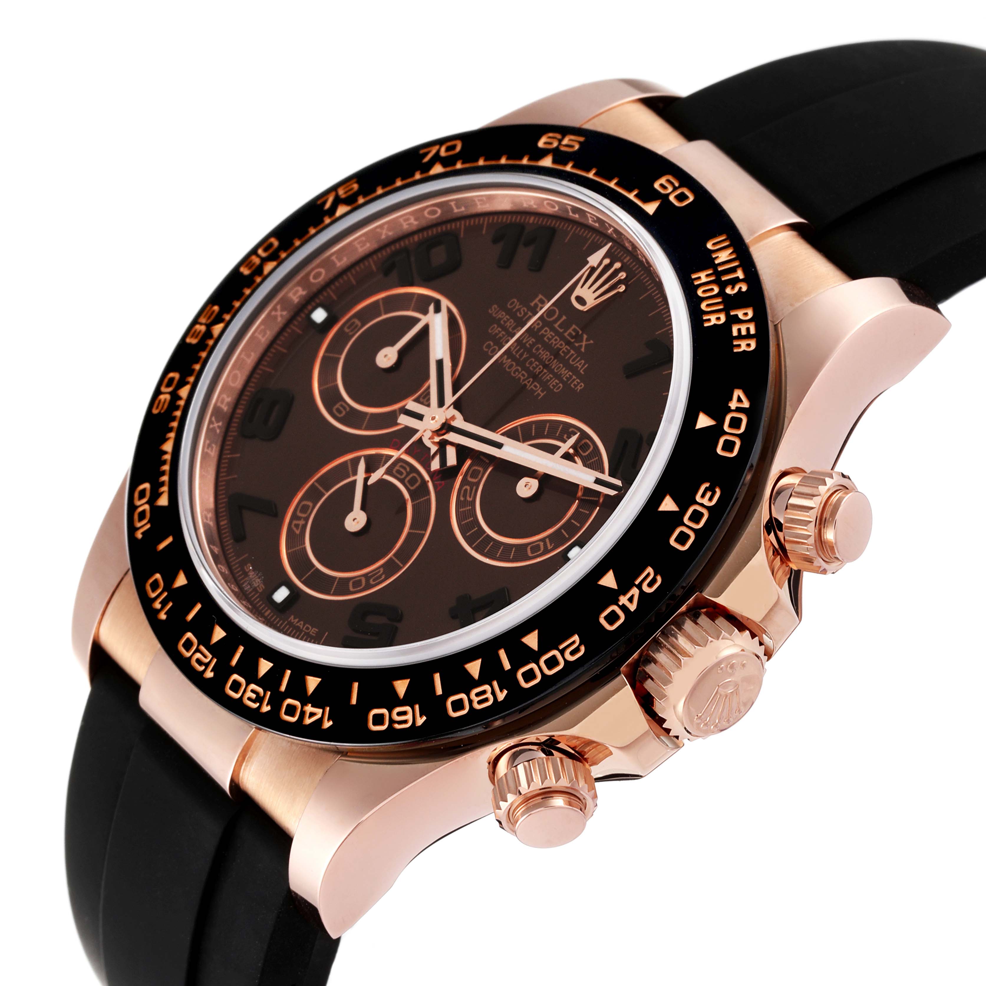 This image shows a close-up view of the Rolex Daytona 116515 Men's Rose Gold Brown Dial 116515 Men's Rose Gold Brown Dial watch's face, bezel, crown, and strap.