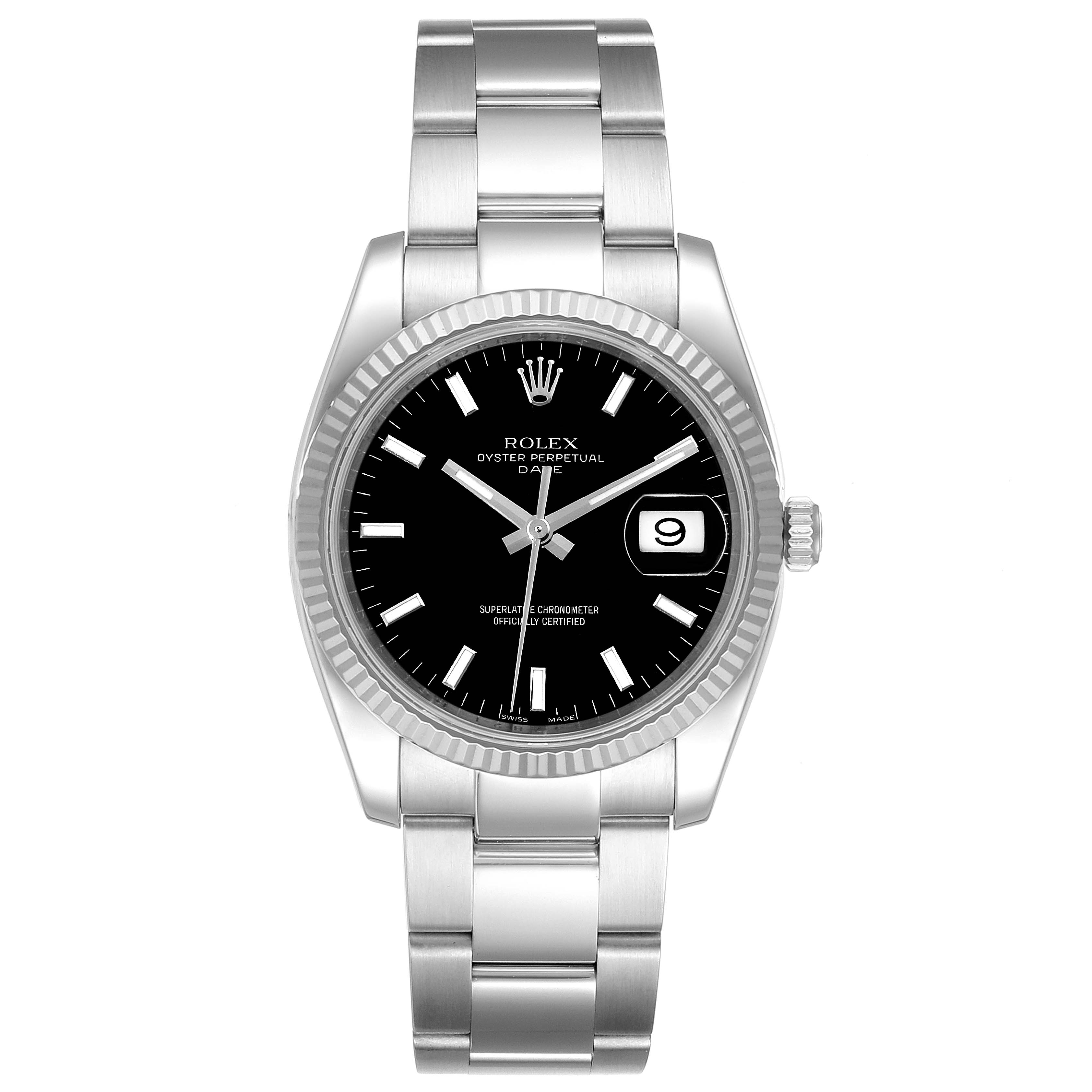 The Rolex Date 115234 Men's Stainless Steel Black Dial 115234 Men's Stainless Steel Black Dial watch model is shown from a front angle, displaying the dial, date window, bezel, and bracelet.