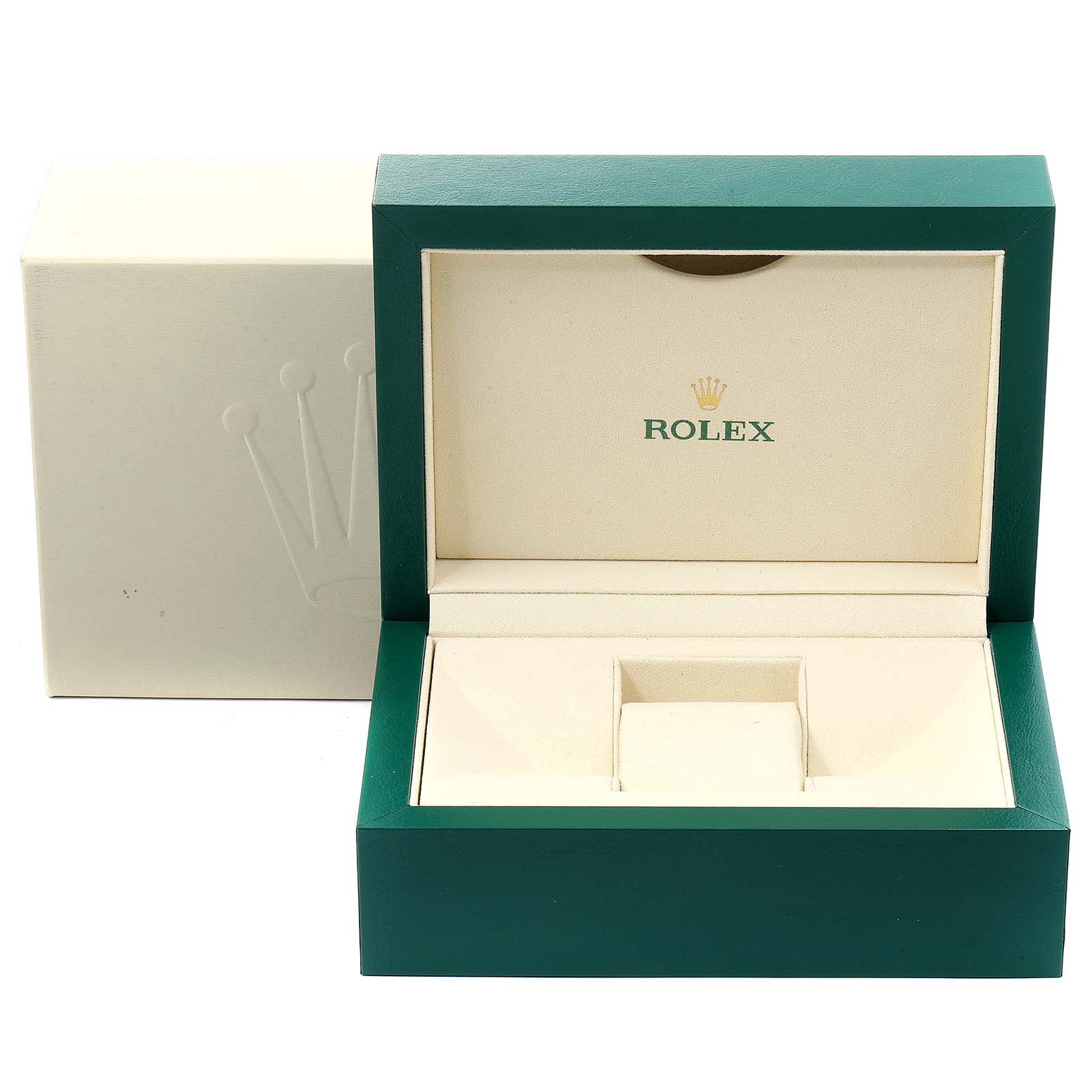 This image shows the packaging box of a Date model by Rolex, with the box open to reveal the inner presentation compartment.