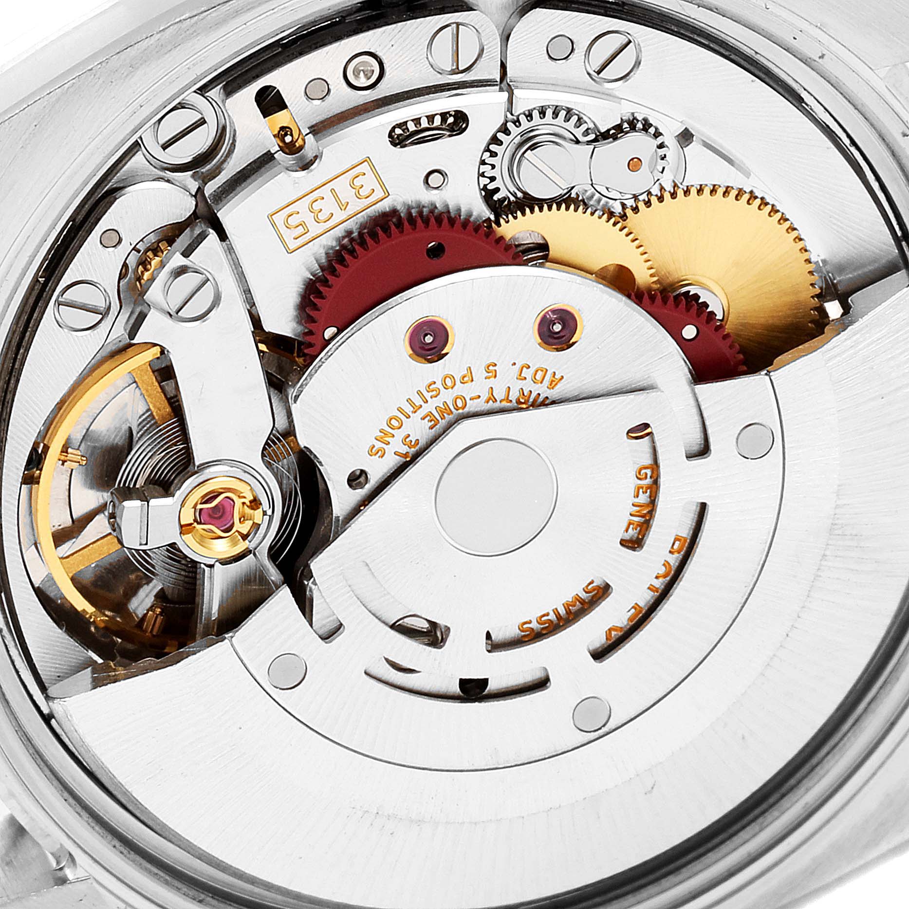 This image shows the intricate movement and internal mechanisms of a Rolex Date 115234 Men's Stainless Steel Black Dial 115234 Men's Stainless Steel Black Dial model watch.