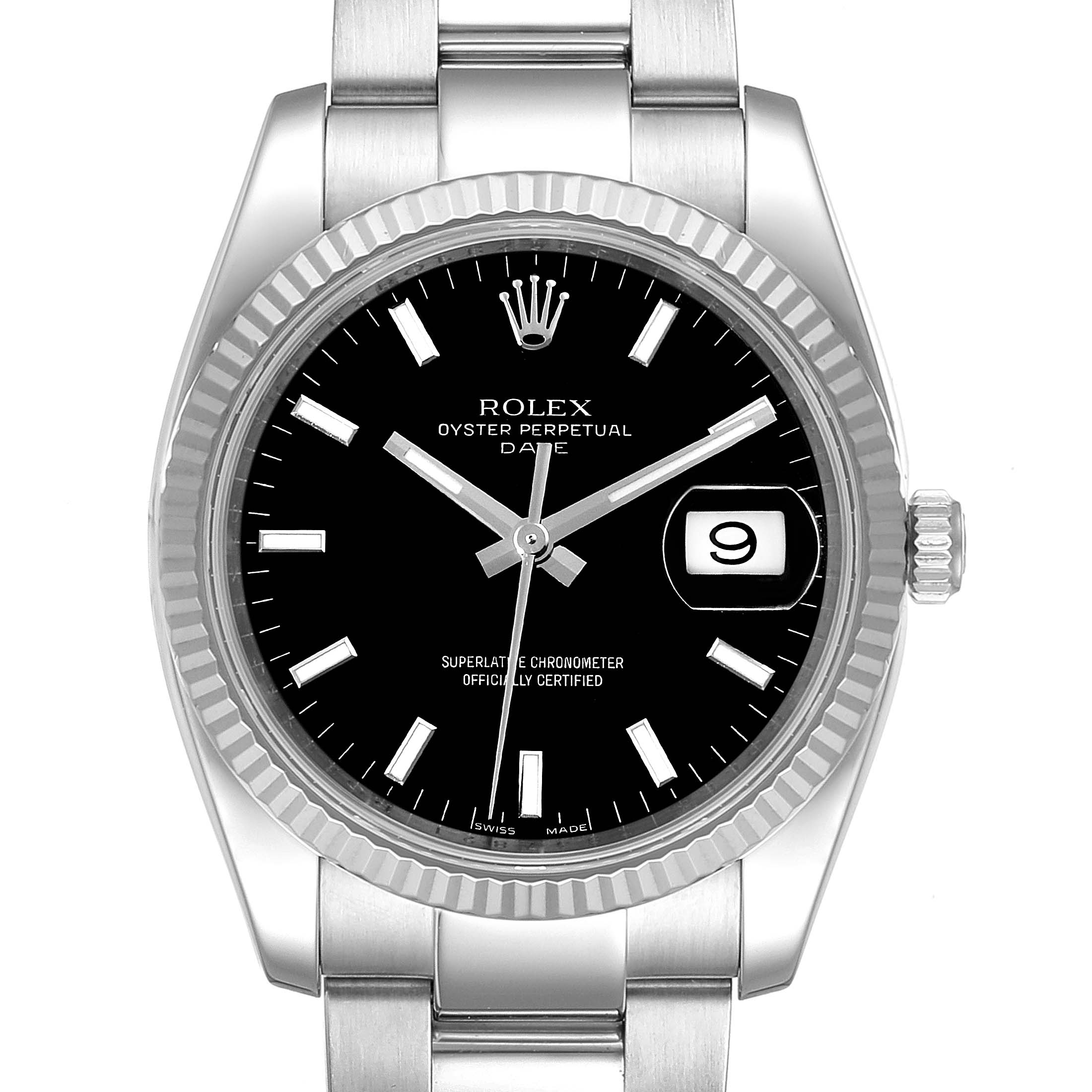 The image shows a frontal view of the Rolex Date 115234 Men's Stainless Steel Black Dial 115234 Men's Stainless Steel Black Dial watch, featuring its face, bezel, crown, and part of the bracelet.