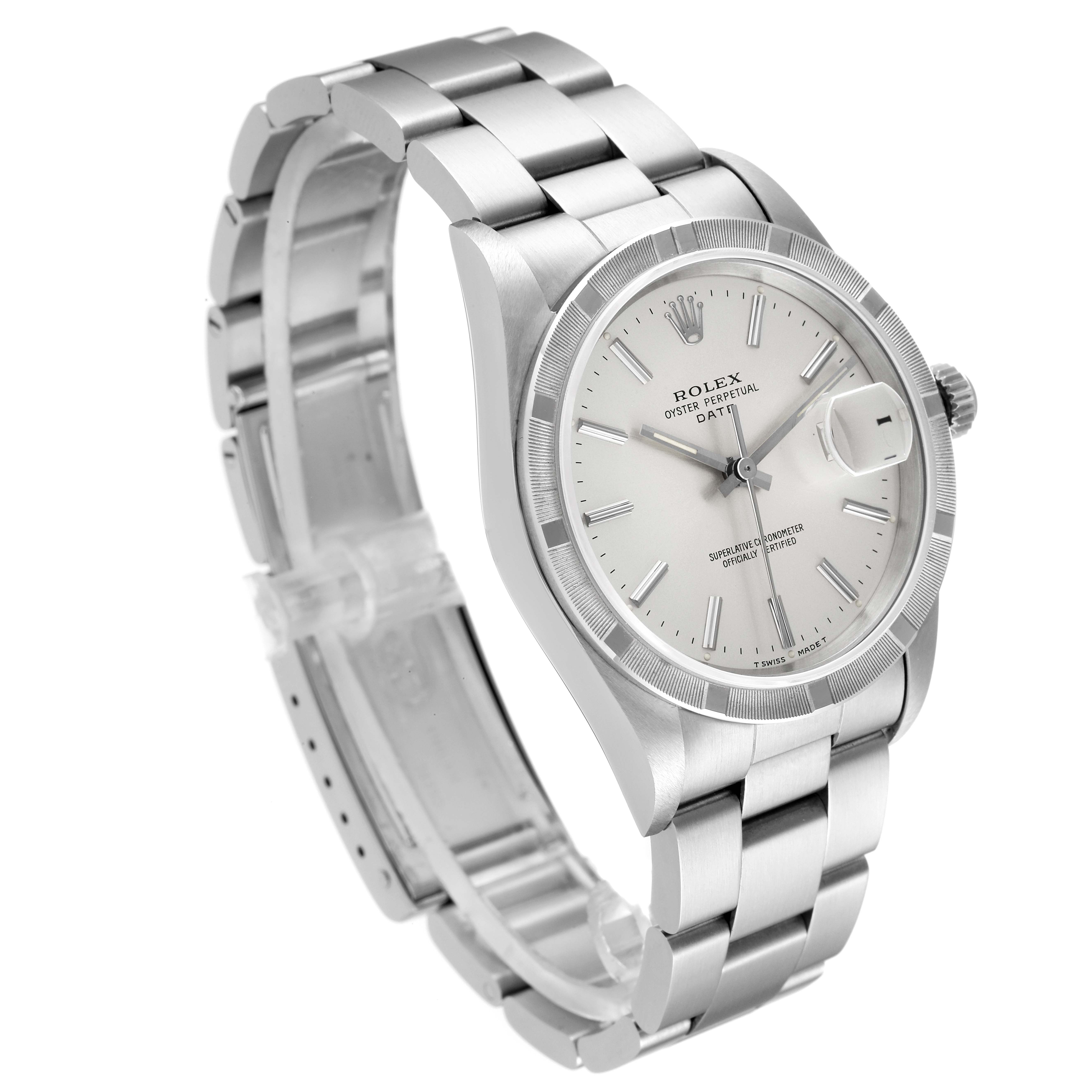 The image shows a Rolex Air-King 15210 Men's Stainless Steel Silver Dial 15210 Men's Stainless Steel Silver Dial watch at a three-quarter angle, highlighting its silver bracelet, dial, and crown.
