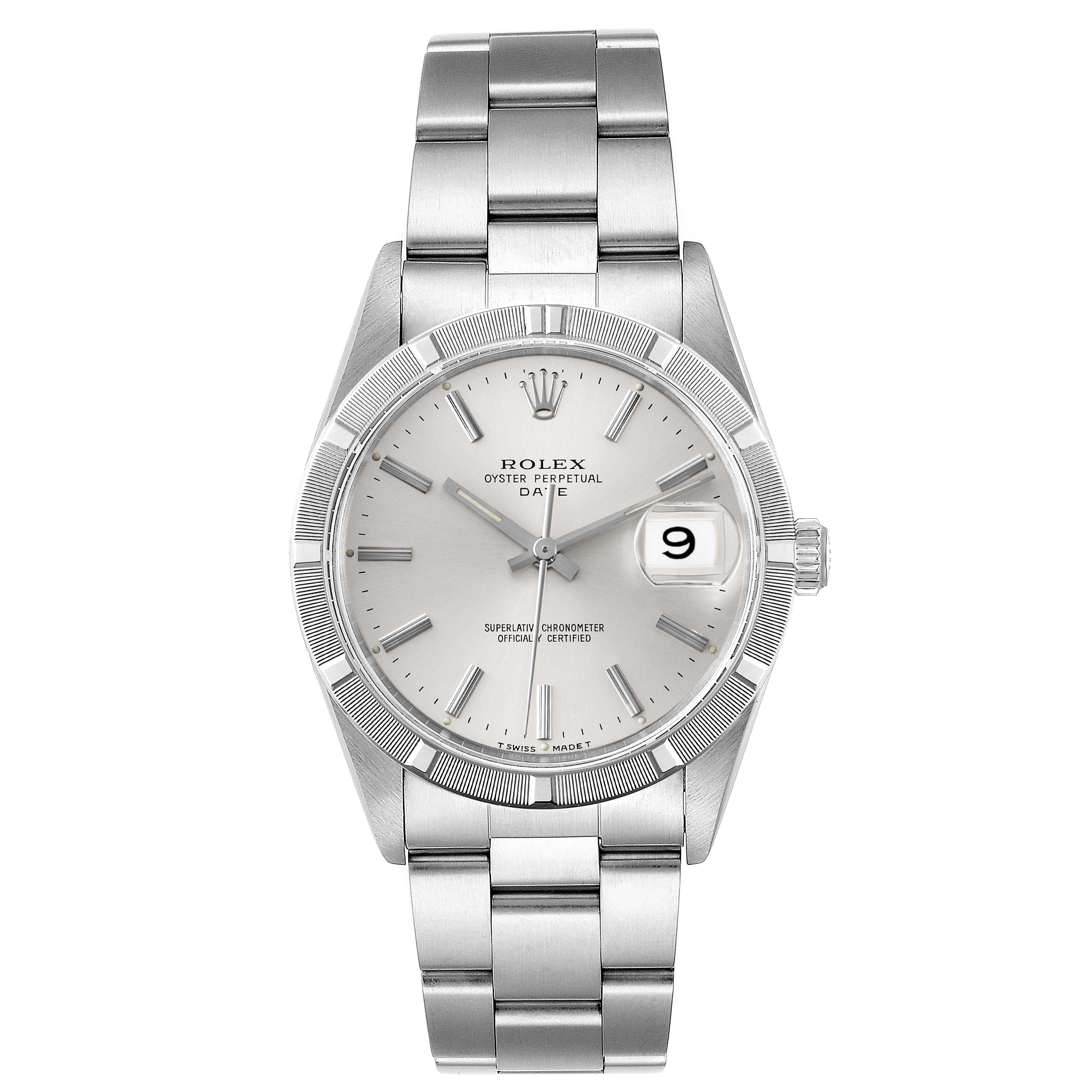 The image shows a front view of a Rolex Air-King 15210 Men's Stainless Steel Silver Dial 15210 Men's Stainless Steel Silver Dial watch, highlighting its dial, bezel, bracelet, and crown.