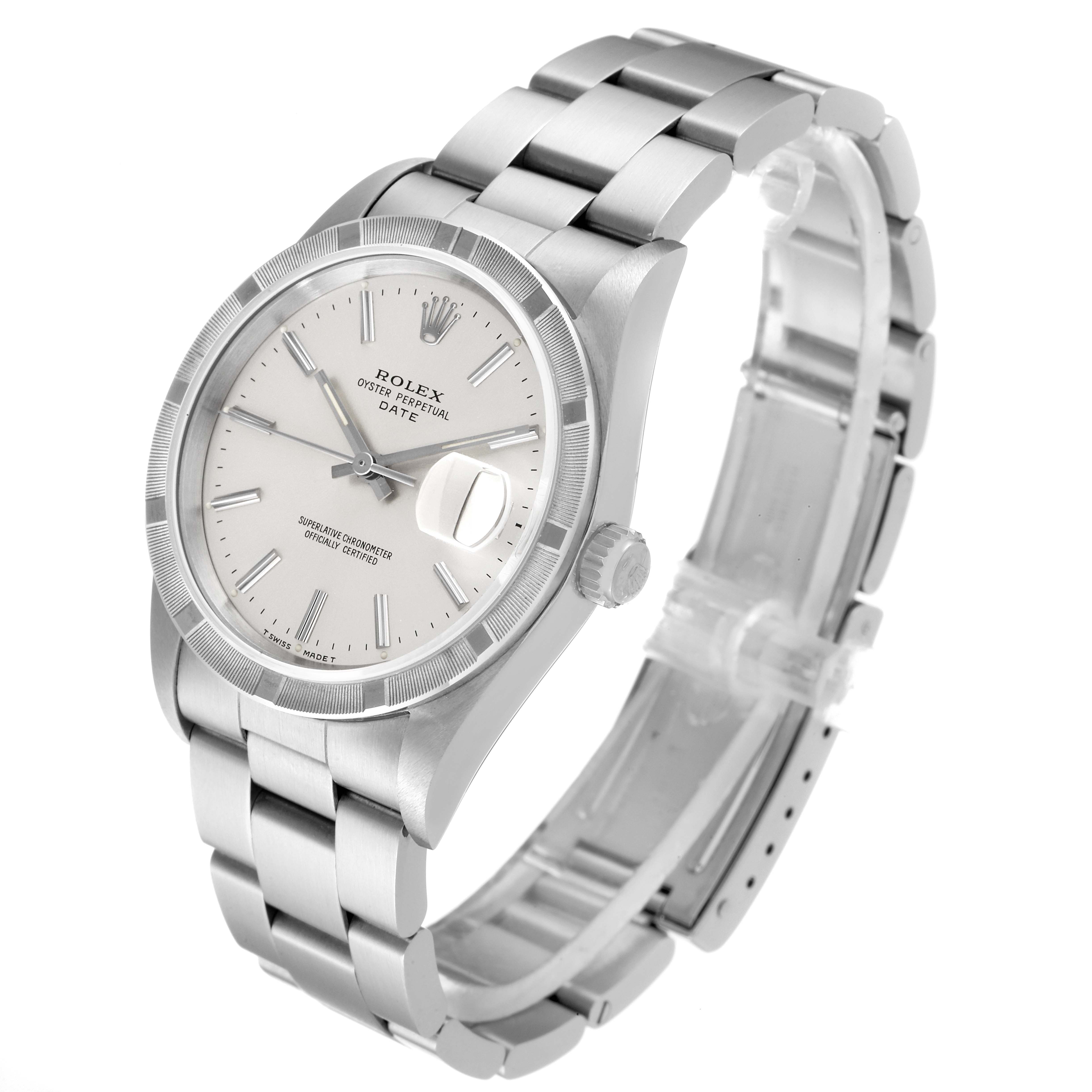 The Rolex Air-King 15210 Men's Stainless Steel Silver Dial 15210 Men's Stainless Steel Silver Dial watch is shown at an angled side view, displaying its face, bracelet, and crown.
