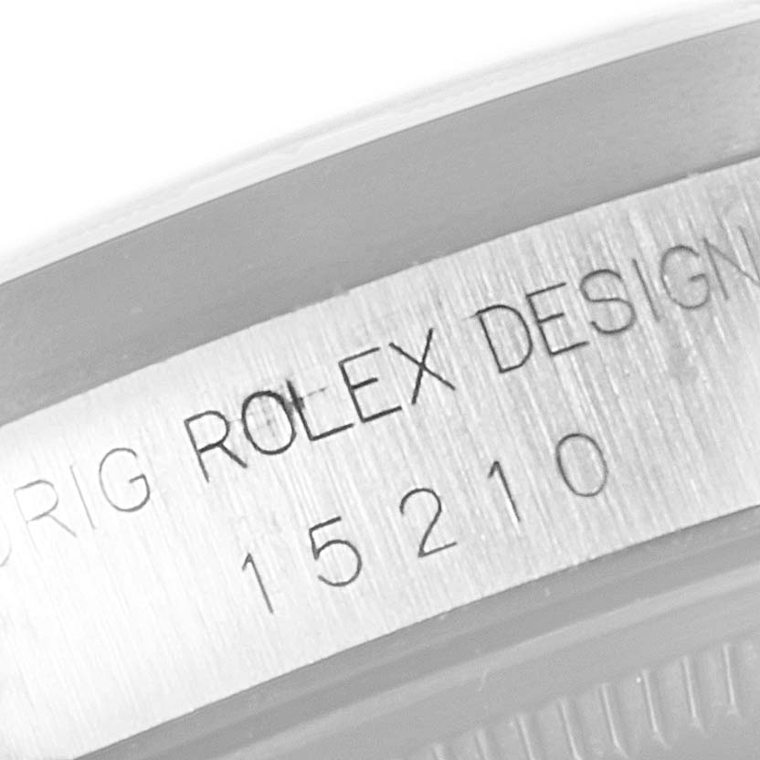 The image shows an angled view of the case side of a Rolex Air-King 15210 Men's Stainless Steel Silver Dial 15210 Men's Stainless Steel Silver Dial watch, featuring the engraved model number "15210."
