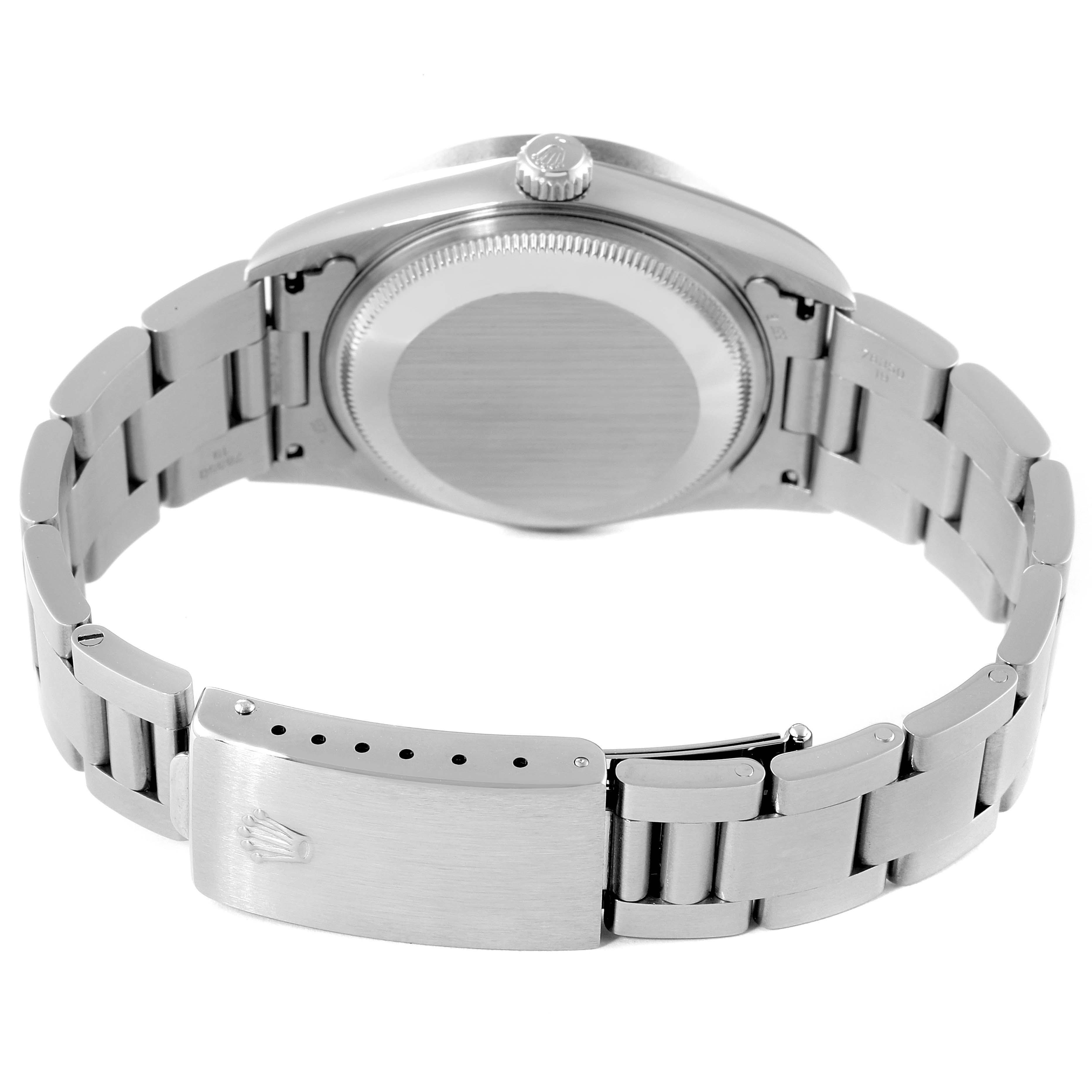 This image shows the back view of a Rolex Air-King 15210 Men's Stainless Steel Silver Dial 15210 Men's Stainless Steel Silver Dial watch, revealing the case back, bracelet, and clasp.