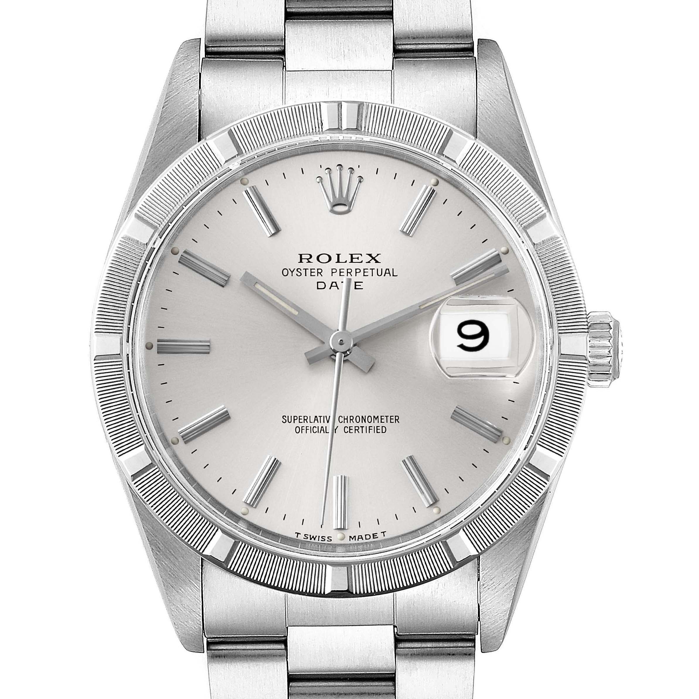 This image shows a frontal view of the Rolex Air-King 15210 Men's Stainless Steel Silver Dial 15210 Men's Stainless Steel Silver Dial watch, highlighting the dial, hands, date window, bezel, and part of the bracelet.