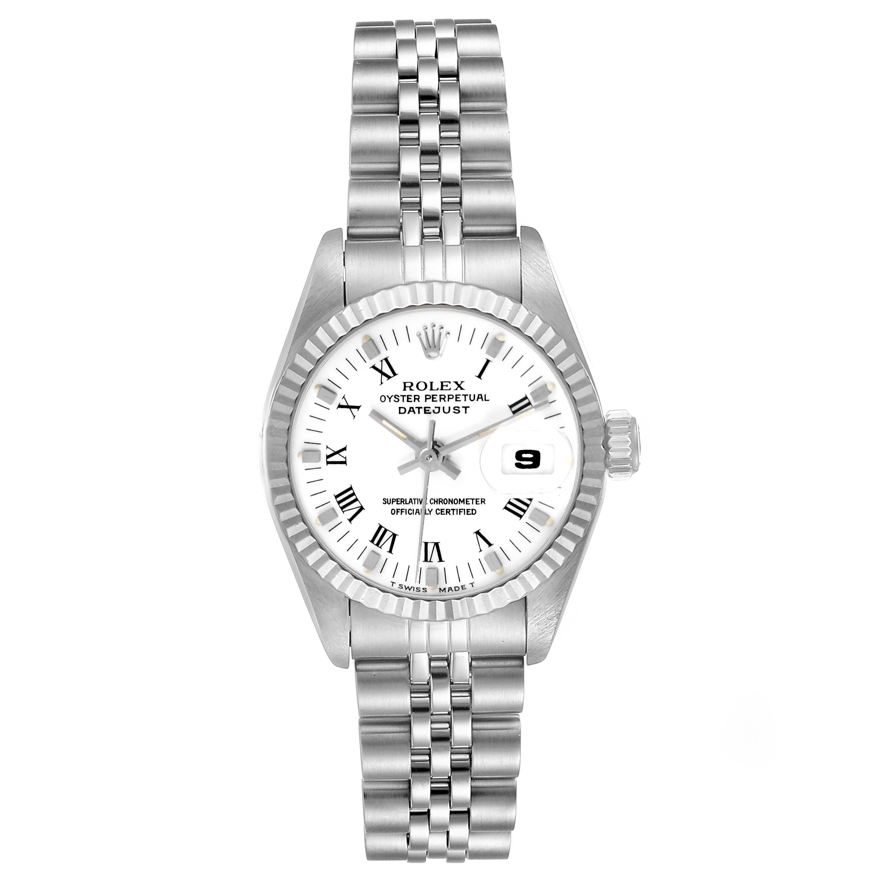 The image shows a front view of the Rolex Datejust 69174 Women
s Stainless Steel White Dial 69174 Women
s Stainless Steel White Dial watch, including the dial, bezel, crown, and part of the bracelet.