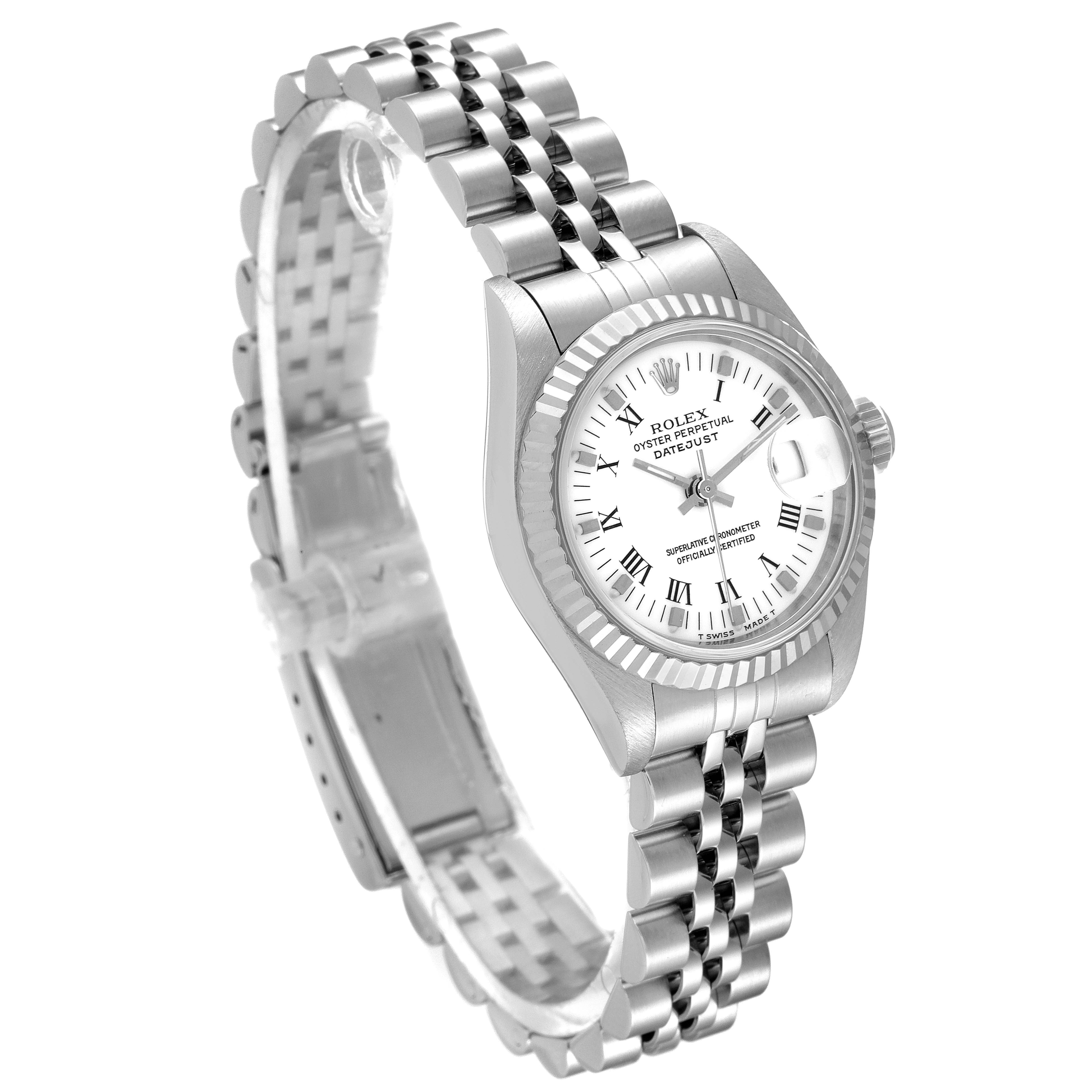 The Rolex Datejust 69174 Women
s Stainless Steel White Dial 69174 Women
s Stainless Steel White Dial watch is shown at a slight angle, showcasing the dial, bezel, and Jubilee bracelet.