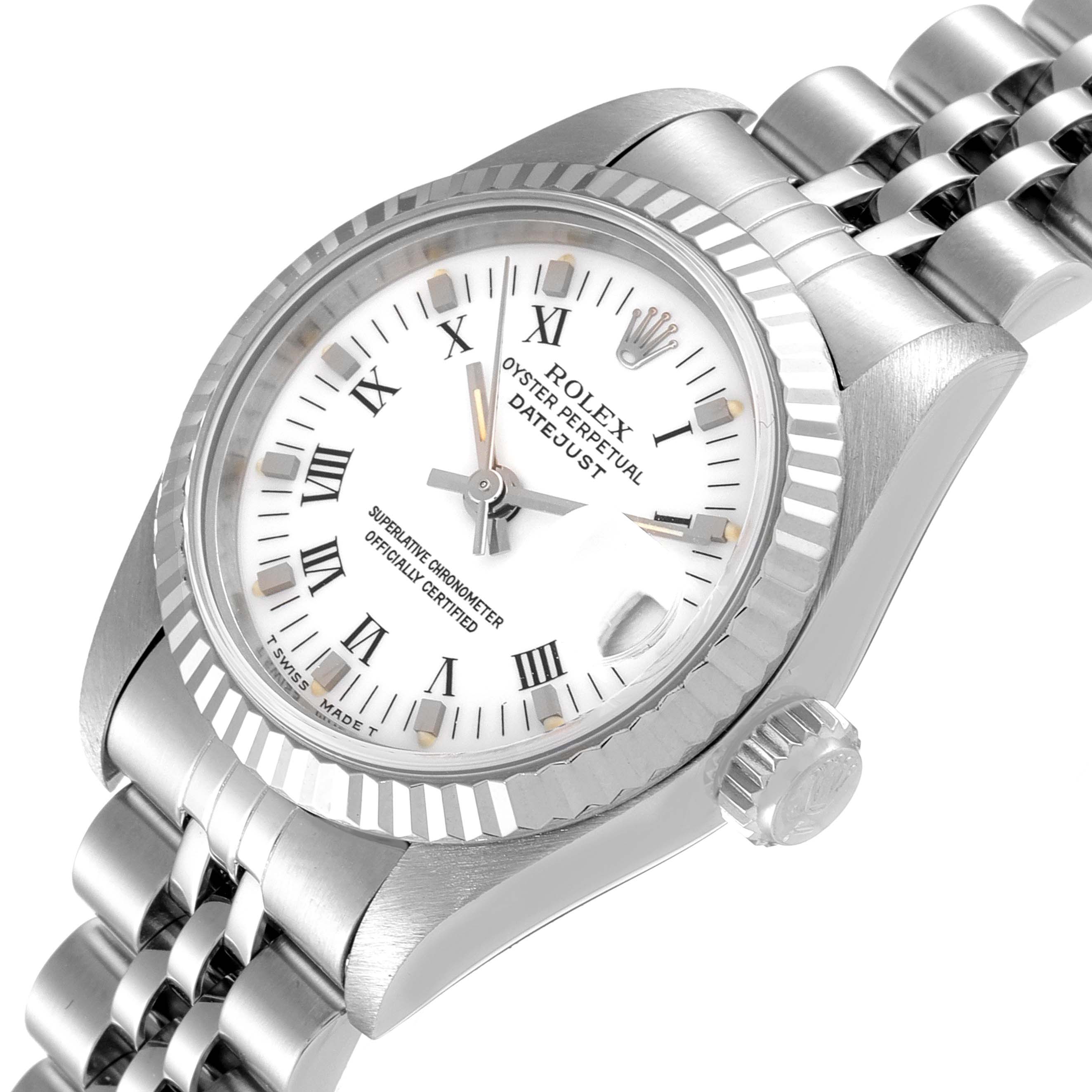 This image shows a close-up angle of a Rolex Datejust 69174 Women
s Stainless Steel White Dial 69174 Women
s Stainless Steel White Dial, highlighting its face, bezel, crown, and part of the bracelet.