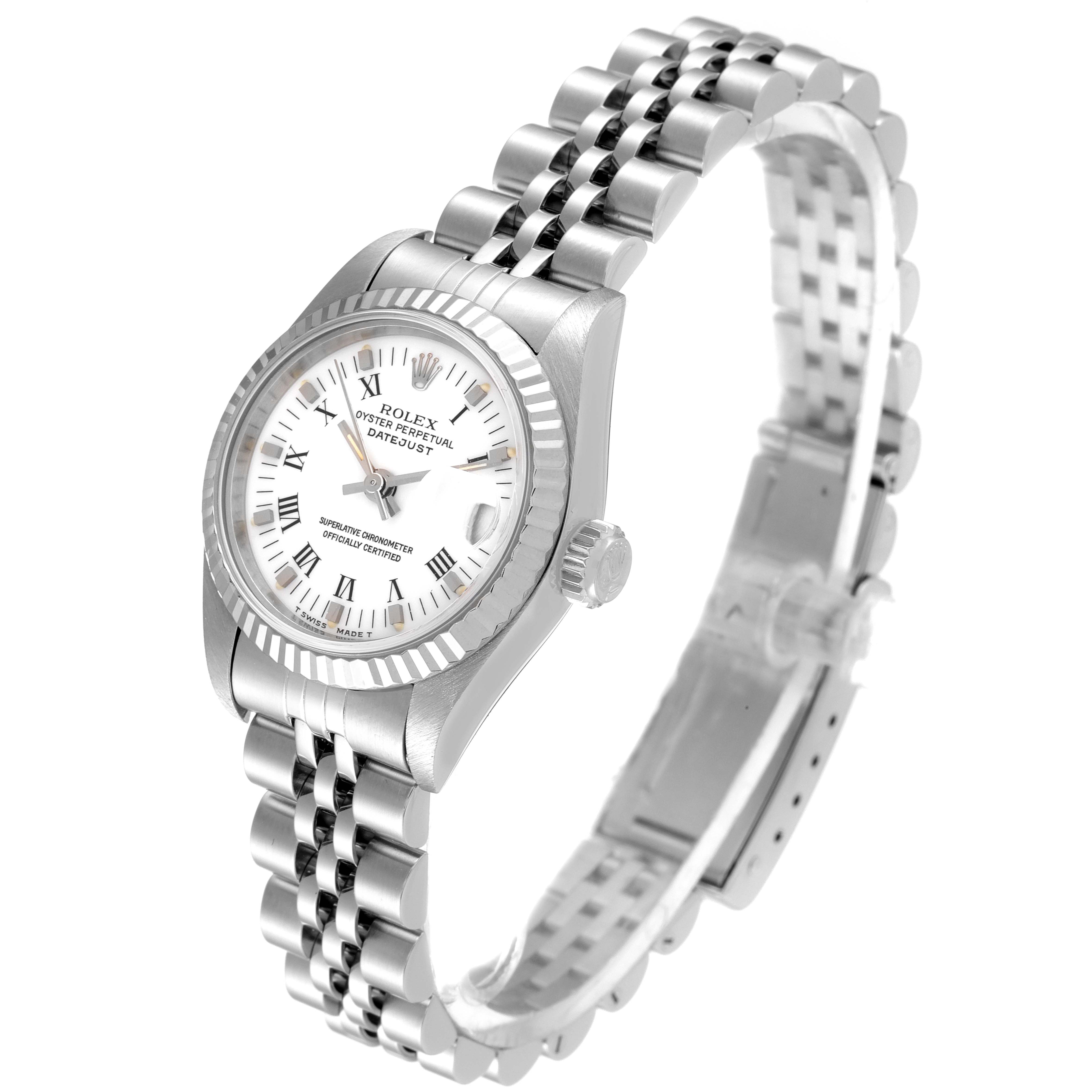 The Rolex Datejust 69174 Women
s Stainless Steel White Dial 69174 Women
s Stainless Steel White Dial watch is shown from an angled profile, displaying its dial, bezel, crown, and Jubilee bracelet.