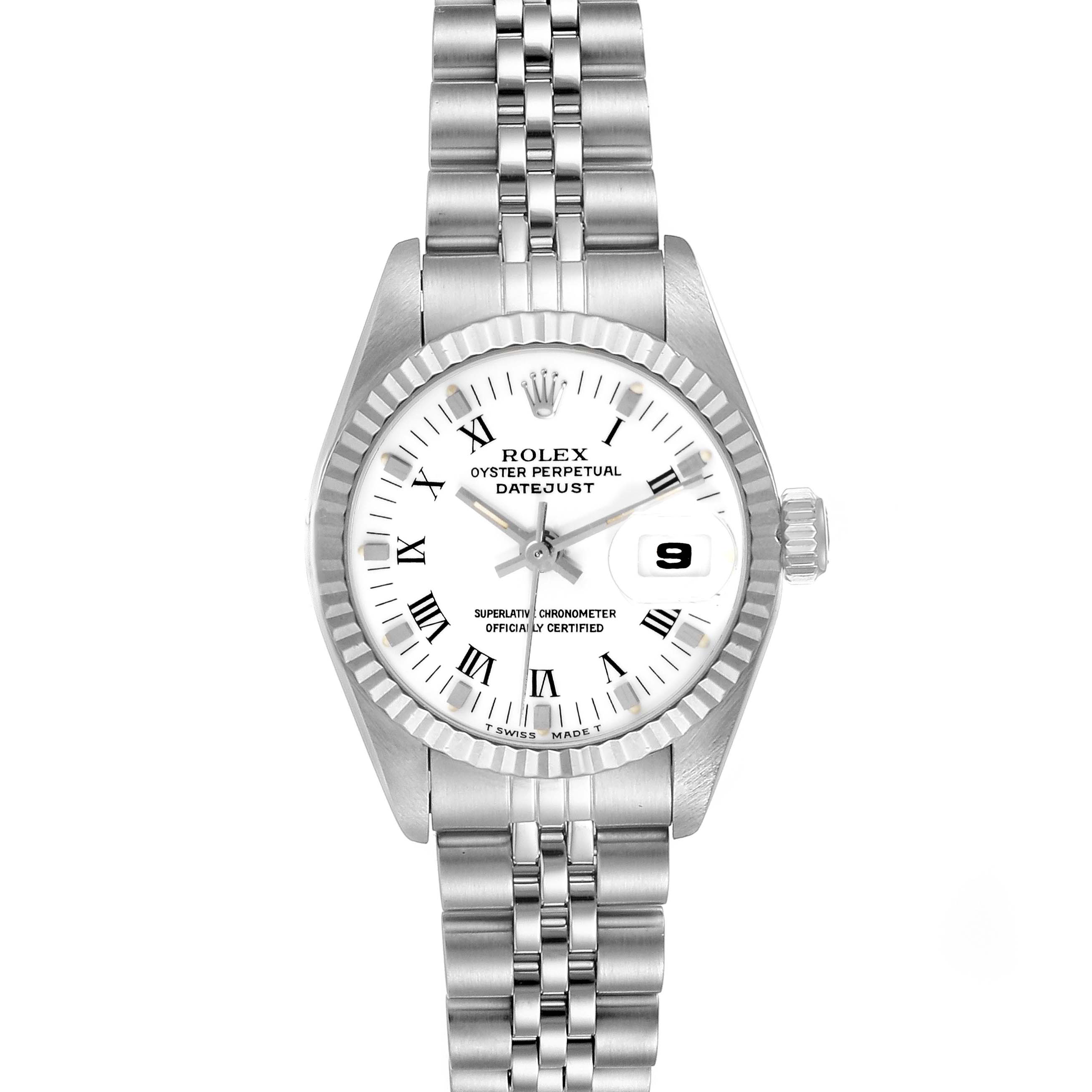 This image shows a Rolex Datejust 69174 Women
s Stainless Steel White Dial 69174 Women
s Stainless Steel White Dial watch from a top-down angle, highlighting the dial, bezel, and bracelet.
