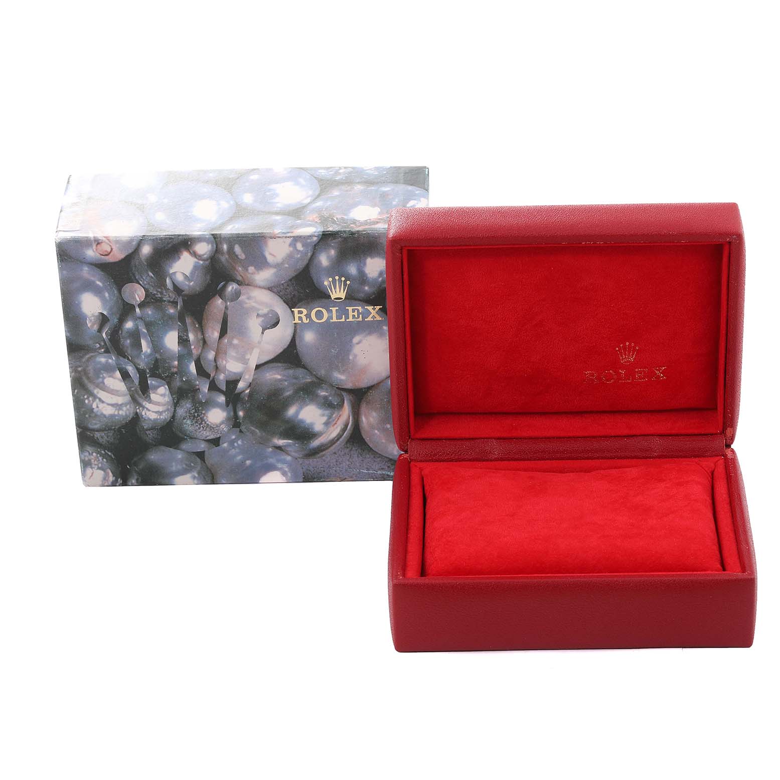 The image shows a Rolex Datejust 79173 Women's Steel and Gold (two tone) White Dial 79173 Women's Steel and Gold (two tone) White Dial watch box and sleeve, with the box open, displaying the inner velvet lining.