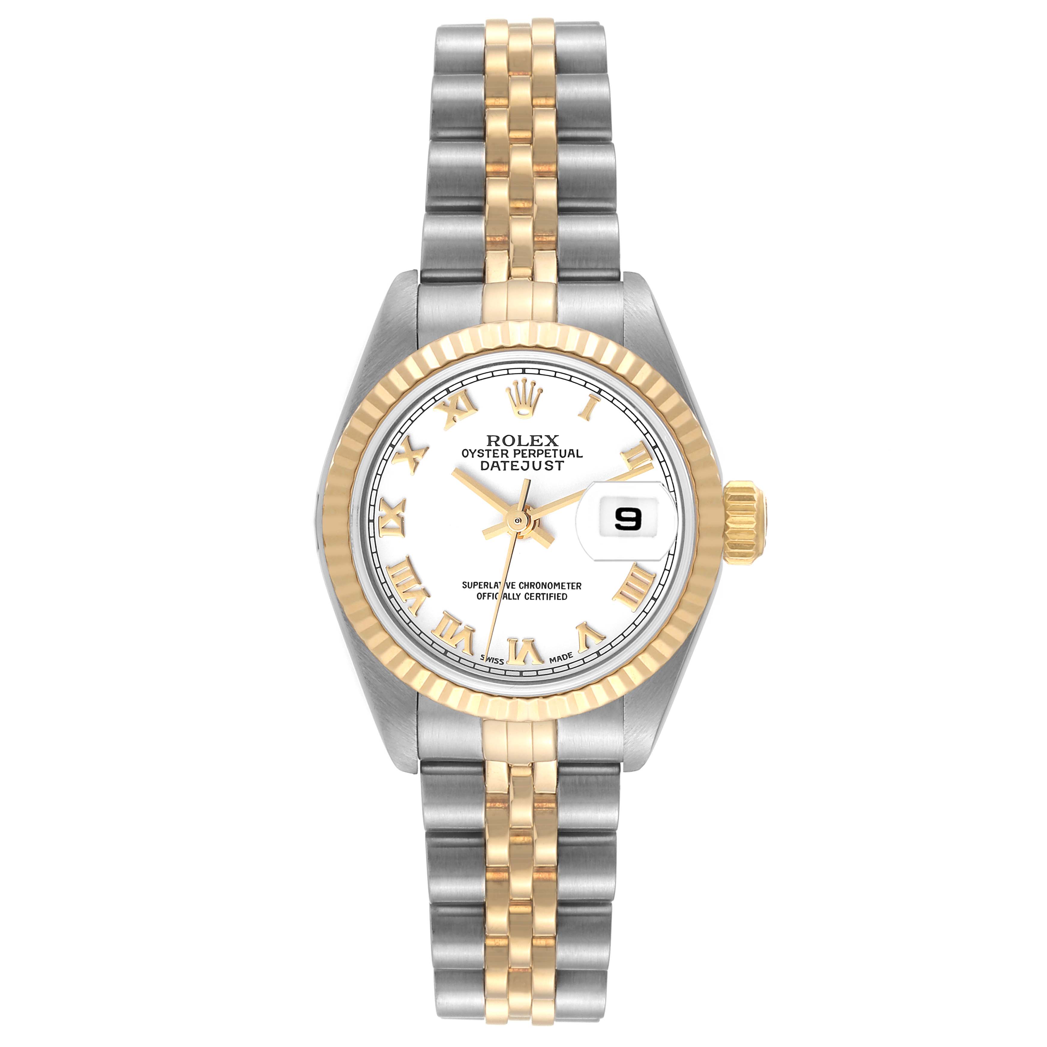 The image shows a Rolex Datejust 79173 Women's Steel and Gold (two tone) White Dial 79173 Women's Steel and Gold (two tone) White Dial watch from a top view, displaying the face, bezel, and bracelet.