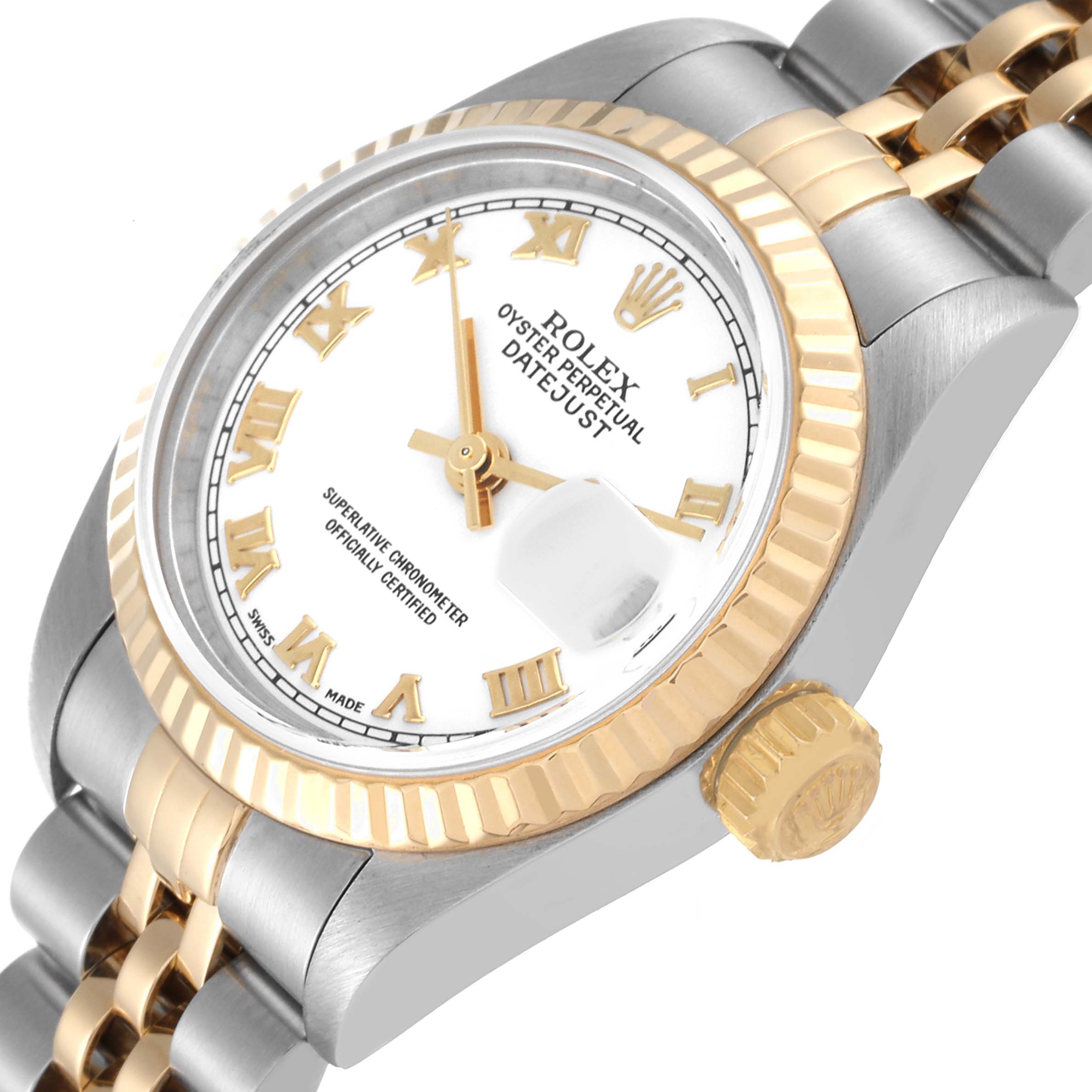The image shows a close-up of the face, bezel, and part of the bracelet of a Rolex Datejust 79173 Women's Steel and Gold (two tone) White Dial 79173 Women's Steel and Gold (two tone) White Dial watch at an angled view.