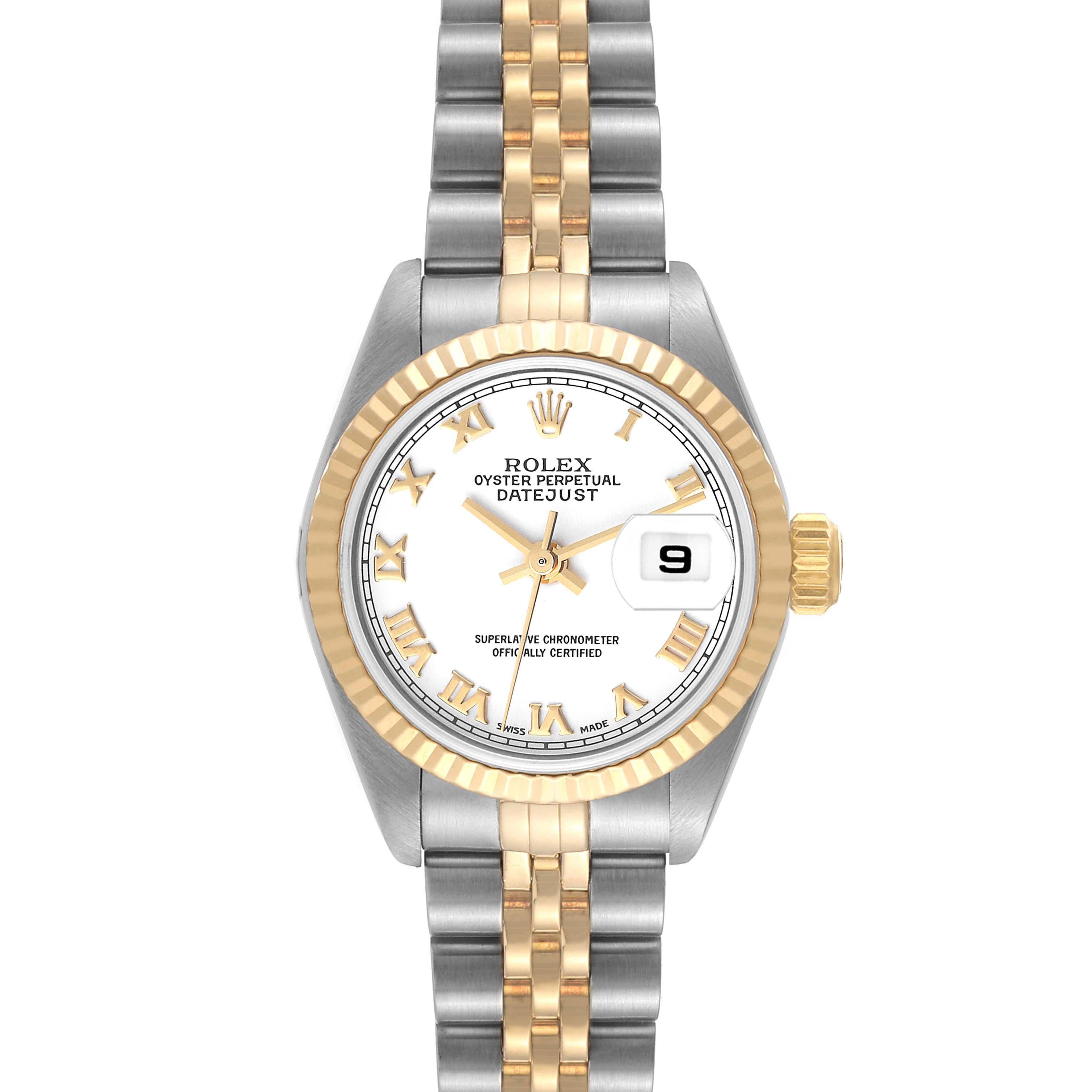 This is a front view of the Rolex Datejust 79173 Women's Steel and Gold (two tone) White Dial 79173 Women's Steel and Gold (two tone) White Dial watch, showing the dial, case, bezel, crown, and bracelet.