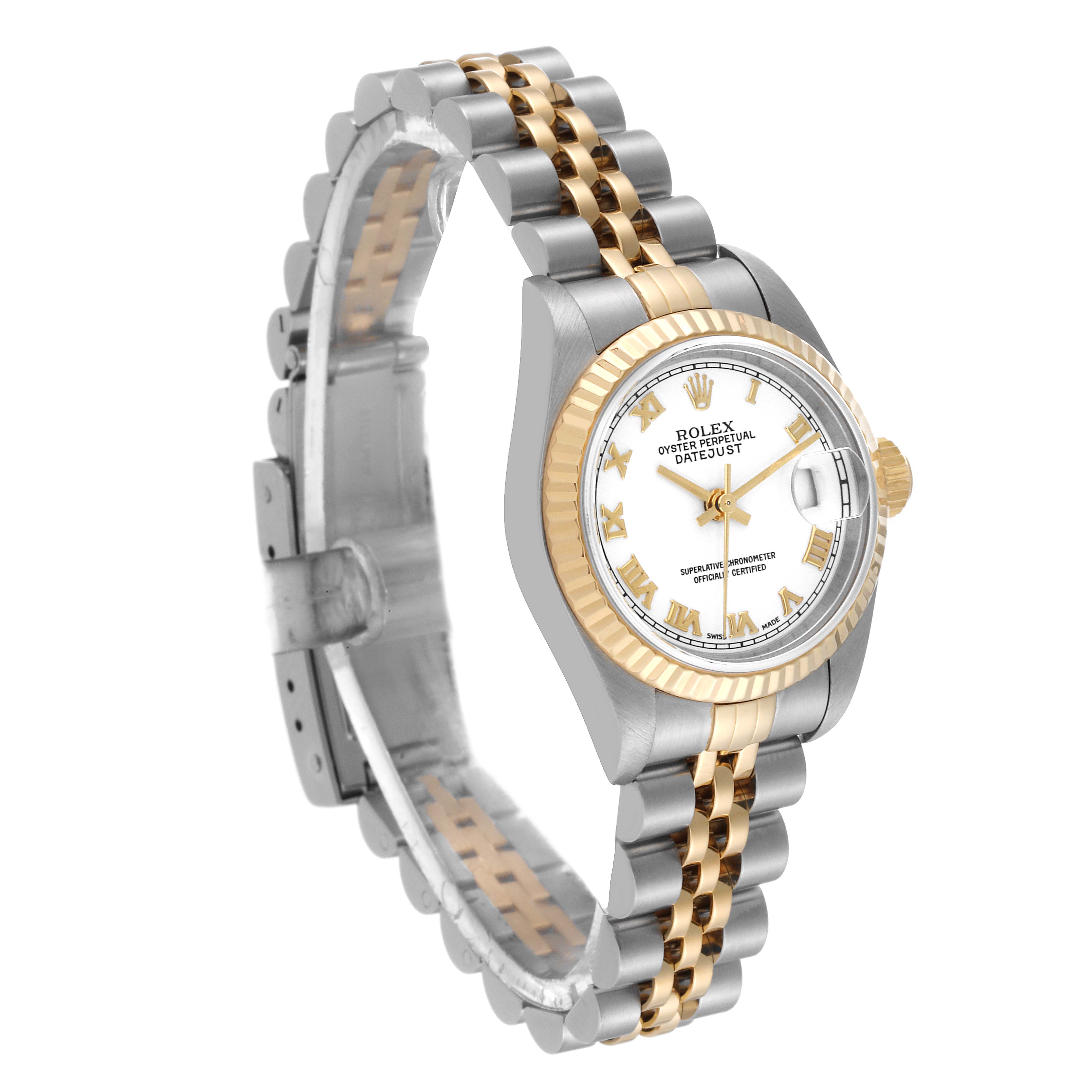 This image shows a Rolex Datejust 79173 Women's Steel and Gold (two tone) White Dial 79173 Women's Steel and Gold (two tone) White Dial watch at an angle highlighting the bracelet, crown, and face with a gold and silver color scheme.