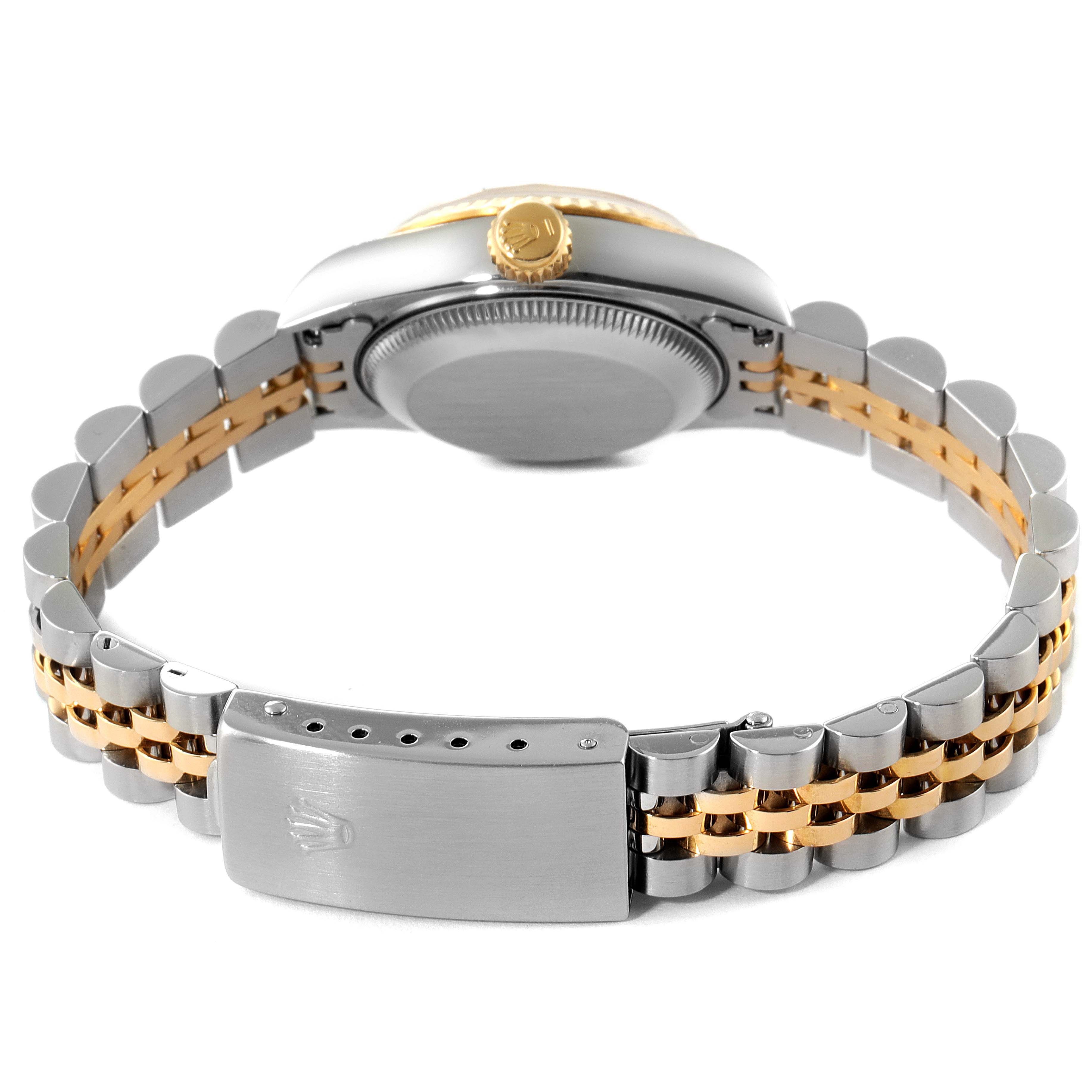 The image shows the back view of a Rolex Datejust 69173 Women
s Steel and Gold (two tone) Champagne Dial 69173 Women
s Steel and Gold (two tone) Champagne Dial watch, highlighting its case, crown, and two-tone Jubilee bracelet with clasp.