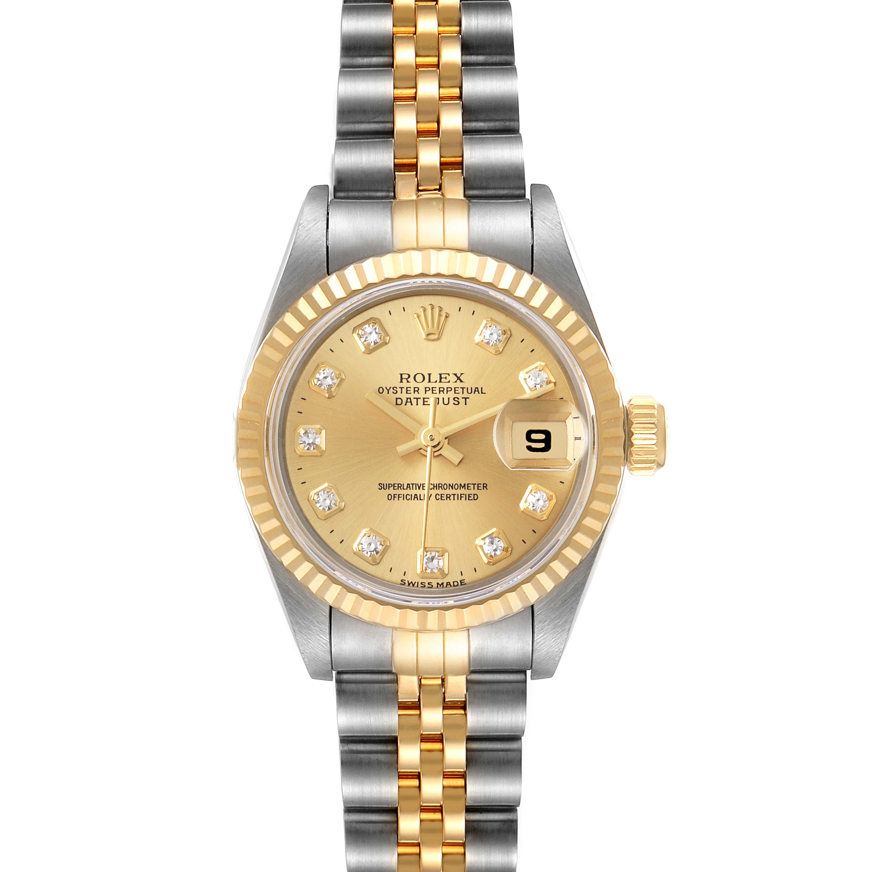 The image shows a front view of the Rolex Datejust 69173 Women
s Steel and Gold (two tone) Champagne Dial 69173 Women
s Steel and Gold (two tone) Champagne Dial watch, highlighting its gold dial, date window, and two-tone bracelet.