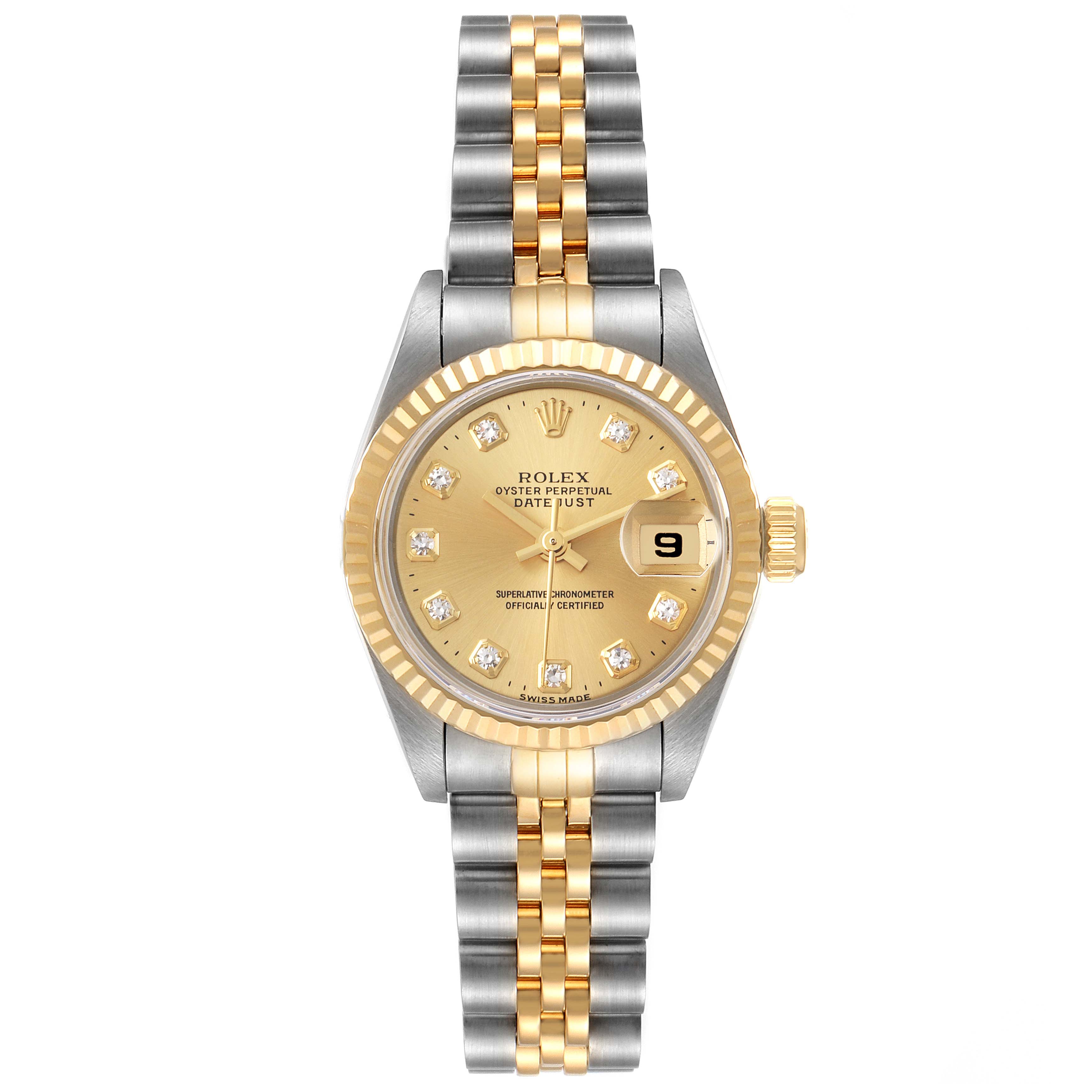 The Rolex Datejust 69173 Women
s Steel and Gold (two tone) Champagne Dial 69173 Women
s Steel and Gold (two tone) Champagne Dial watch is shown from a top view, highlighting its dial, bezel, crown, and bracelet.