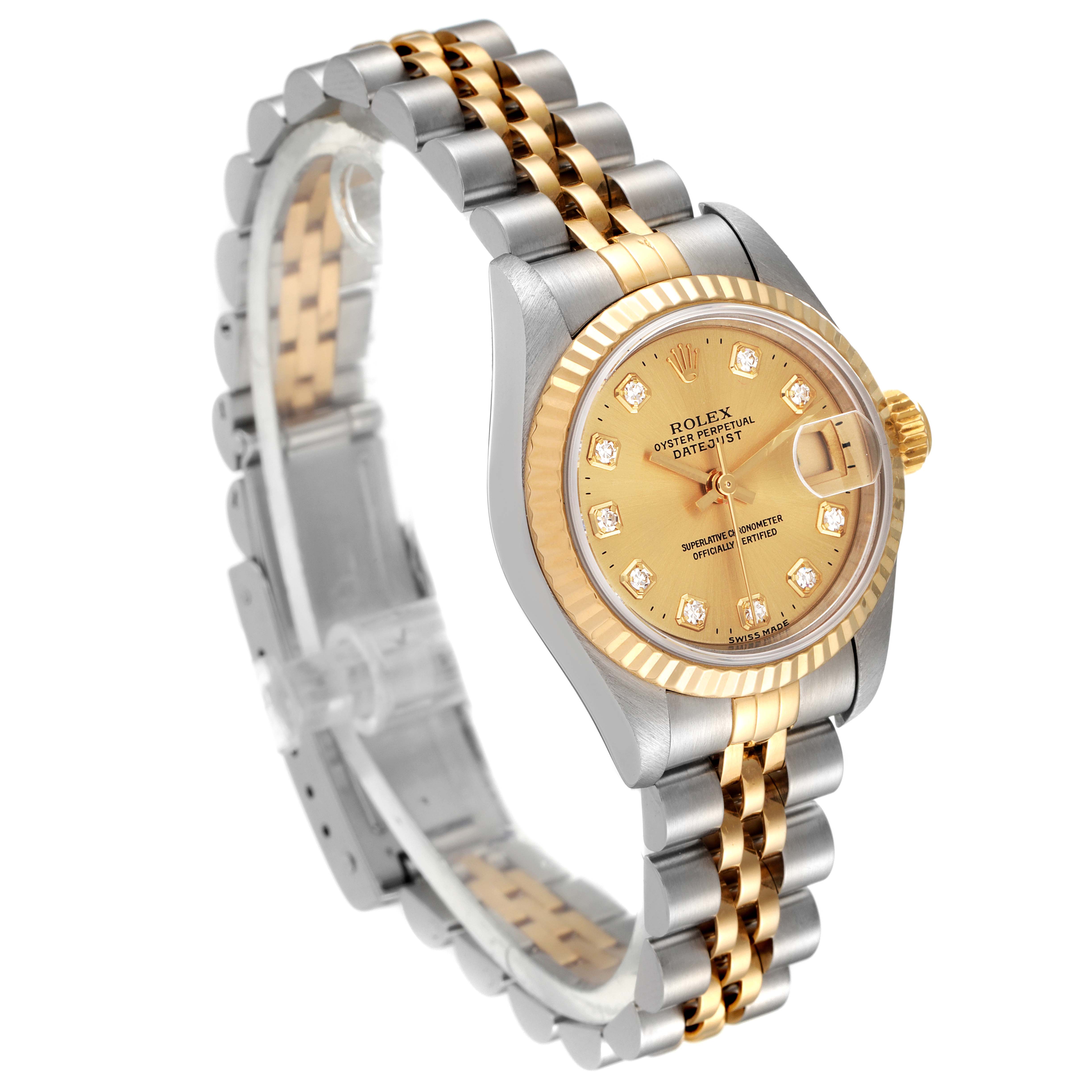 The image shows a Rolex Datejust 69173 Women
s Steel and Gold (two tone) Champagne Dial 69173 Women
s Steel and Gold (two tone) Champagne Dial watch at a slight angle, featuring its gold and silver bracelet, bezel, and dial.