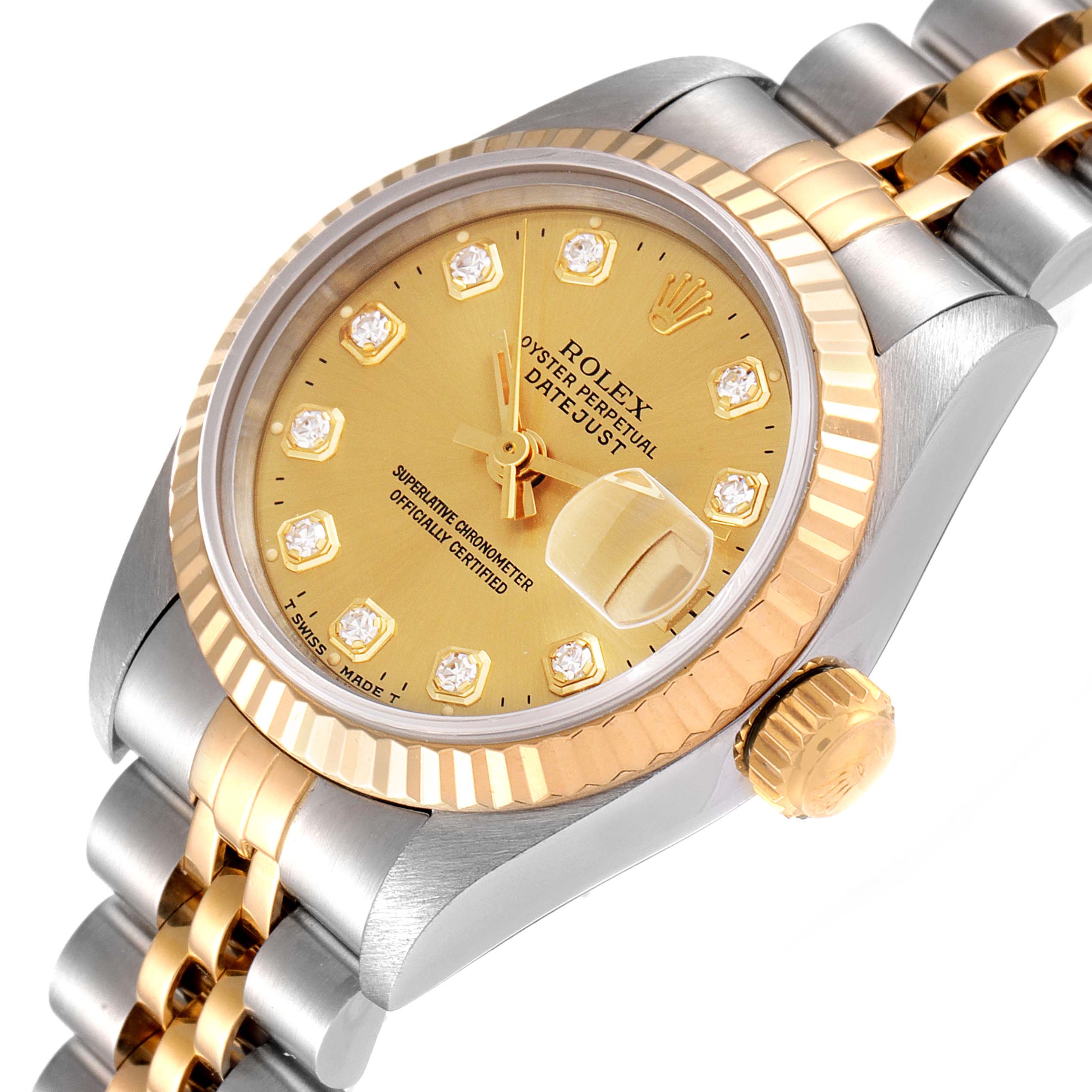 The image shows a gold and silver Rolex Datejust 69173 Women
s Steel and Gold (two tone) Champagne Dial 69173 Women
s Steel and Gold (two tone) Champagne Dial watch at an angle, highlighting the dial, bezel, crown, and part of the bracelet.