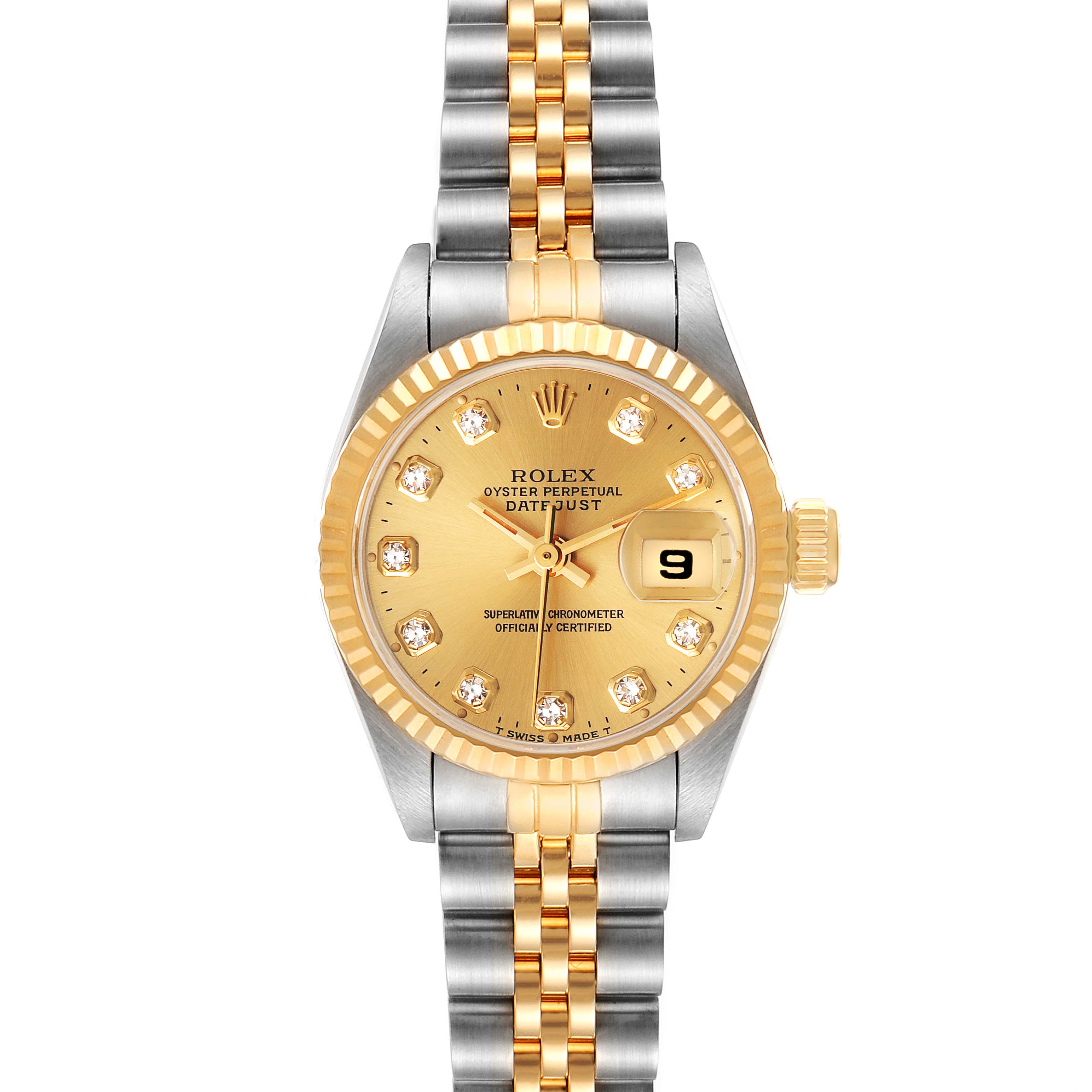 The image shows a Rolex Datejust 69173 Women
s Steel and Gold (two tone) Champagne Dial 69173 Women
s Steel and Gold (two tone) Champagne Dial watch from a front angle, featuring its two-tone bracelet, gold dial, and cyclops date function.