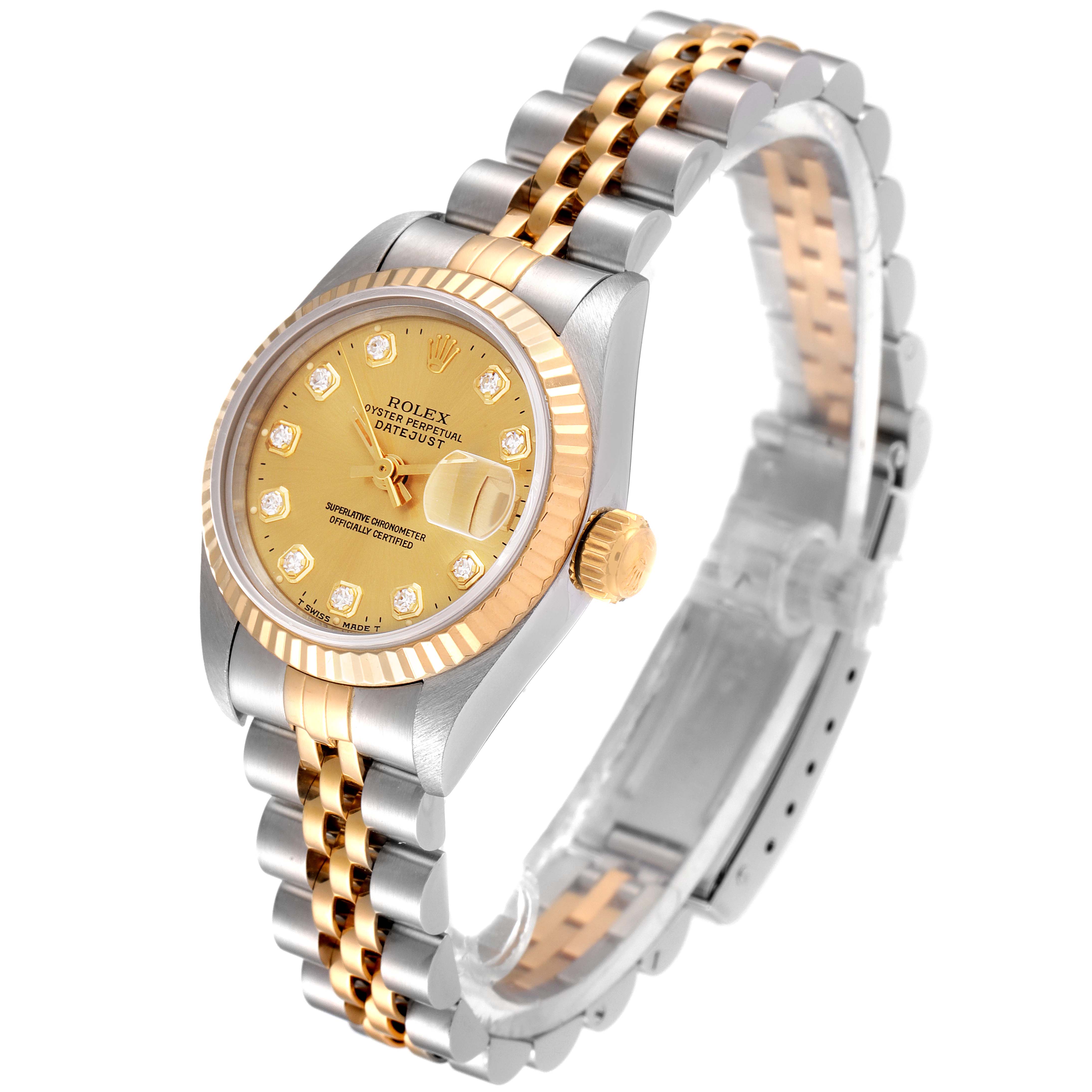 The Rolex Datejust 69173 Women
s Steel and Gold (two tone) Champagne Dial 69173 Women
s Steel and Gold (two tone) Champagne Dial watch is shown at an oblique angle, displaying its face, bezel, crown, and two-tone bracelet.