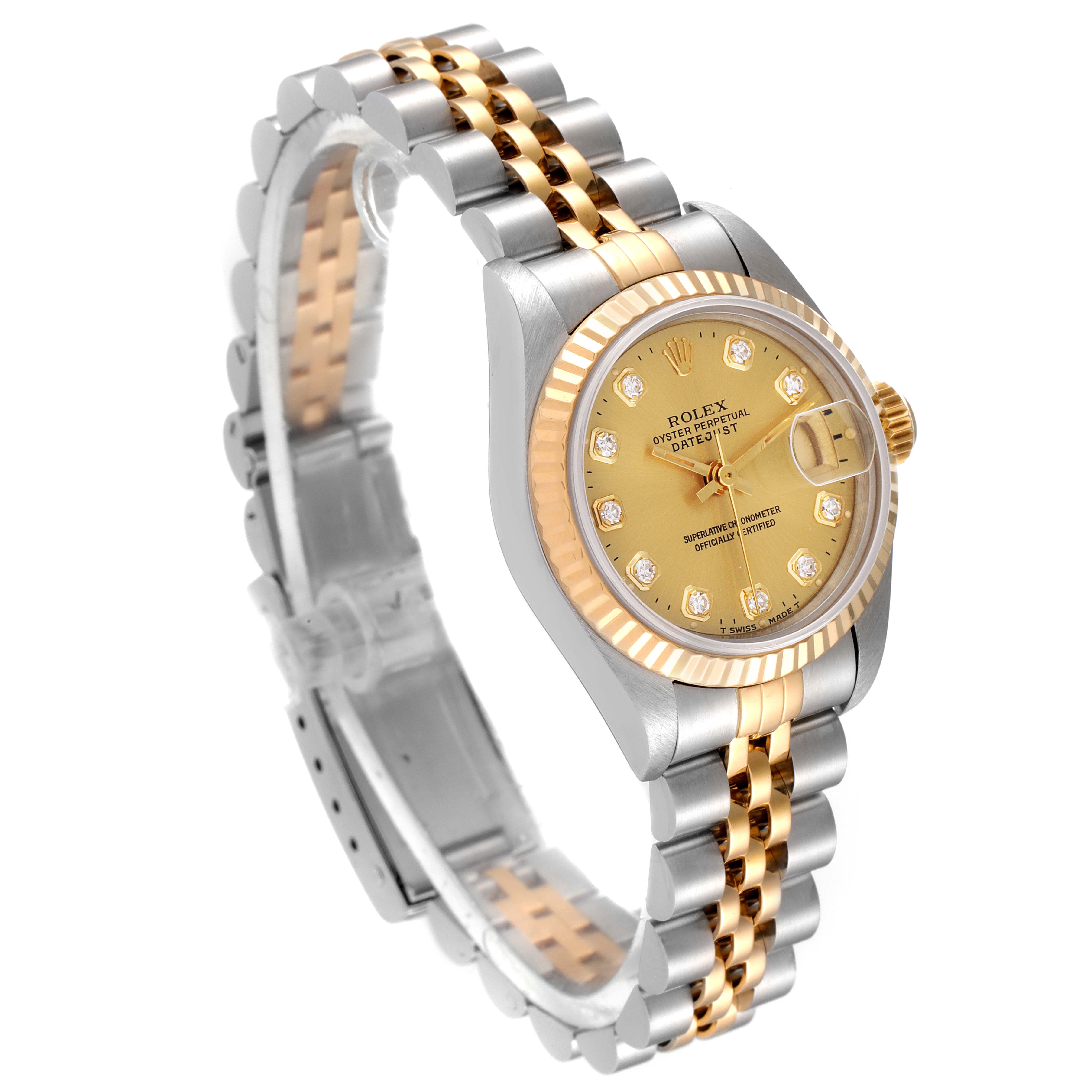 The Rolex Datejust 69173 Women
s Steel and Gold (two tone) Champagne Dial 69173 Women
s Steel and Gold (two tone) Champagne Dial watch is shown at a three-quarter angle, highlighting its gold dial, bezel, and two-tone bracelet.