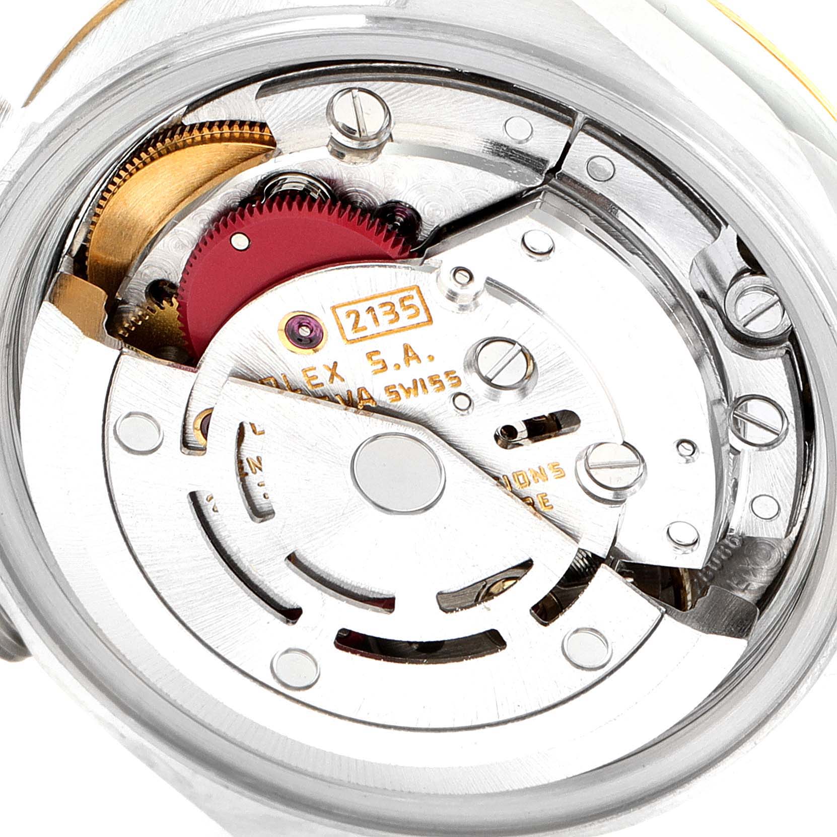 The image shows an angled view of the inner mechanical workings of a Rolex Datejust 69173 Women
s Steel and Gold (two tone) Champagne Dial 69173 Women
s Steel and Gold (two tone) Champagne Dial model watch, highlighting the movement components.