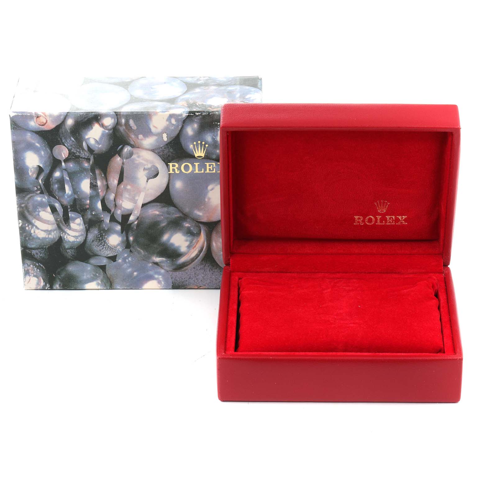 The image shows a red and gold Rolex Datejust 69173 Women
s Steel and Gold (two tone) Champagne Dial 69173 Women
s Steel and Gold (two tone) Champagne Dial watch box and its outer packaging from a straight-on angle.