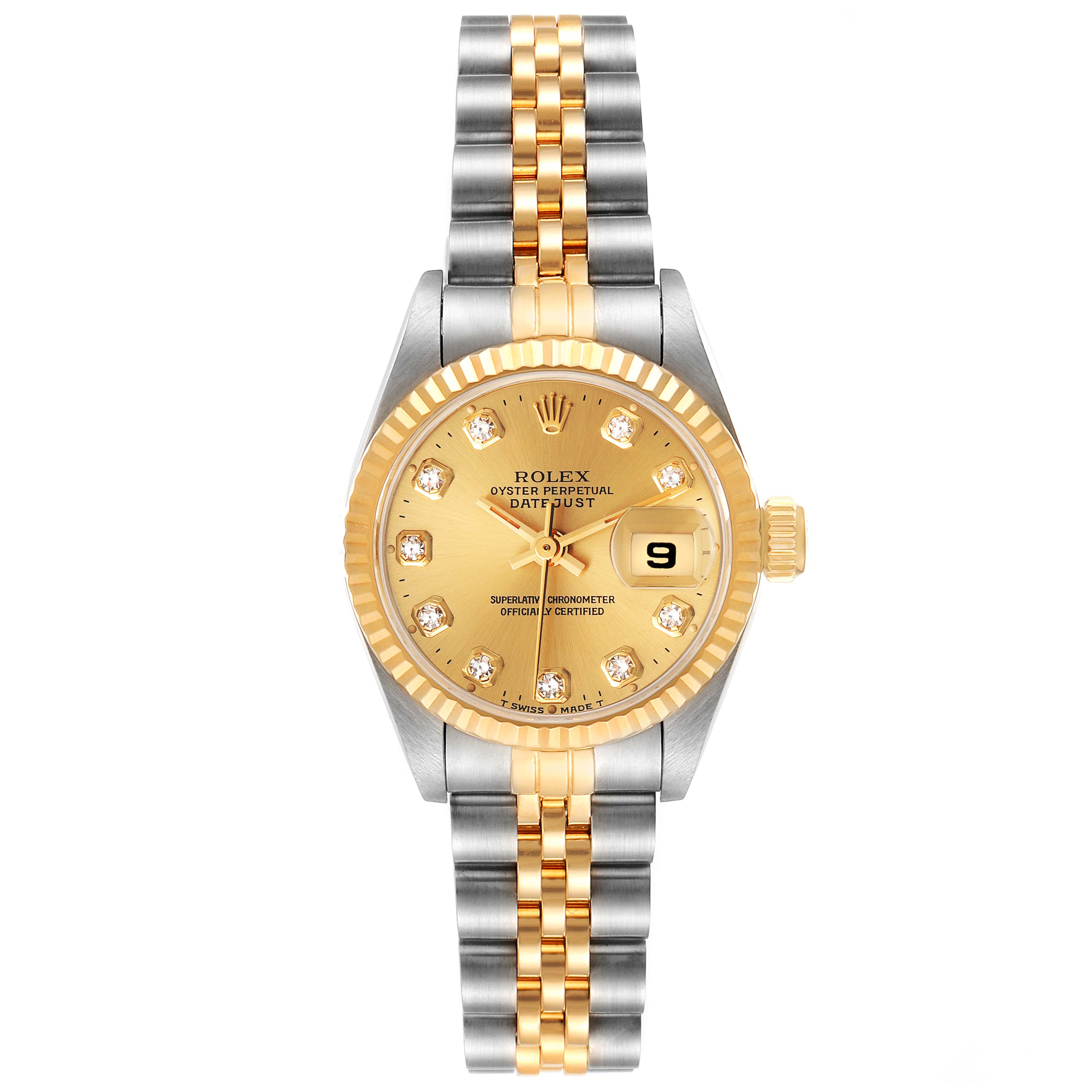 This image shows a Rolex Datejust 69173 Women
s Steel and Gold (two tone) Champagne Dial 69173 Women
s Steel and Gold (two tone) Champagne Dial watch in a front-facing angle, highlighting its dial, bezel, bracelet, and crown.