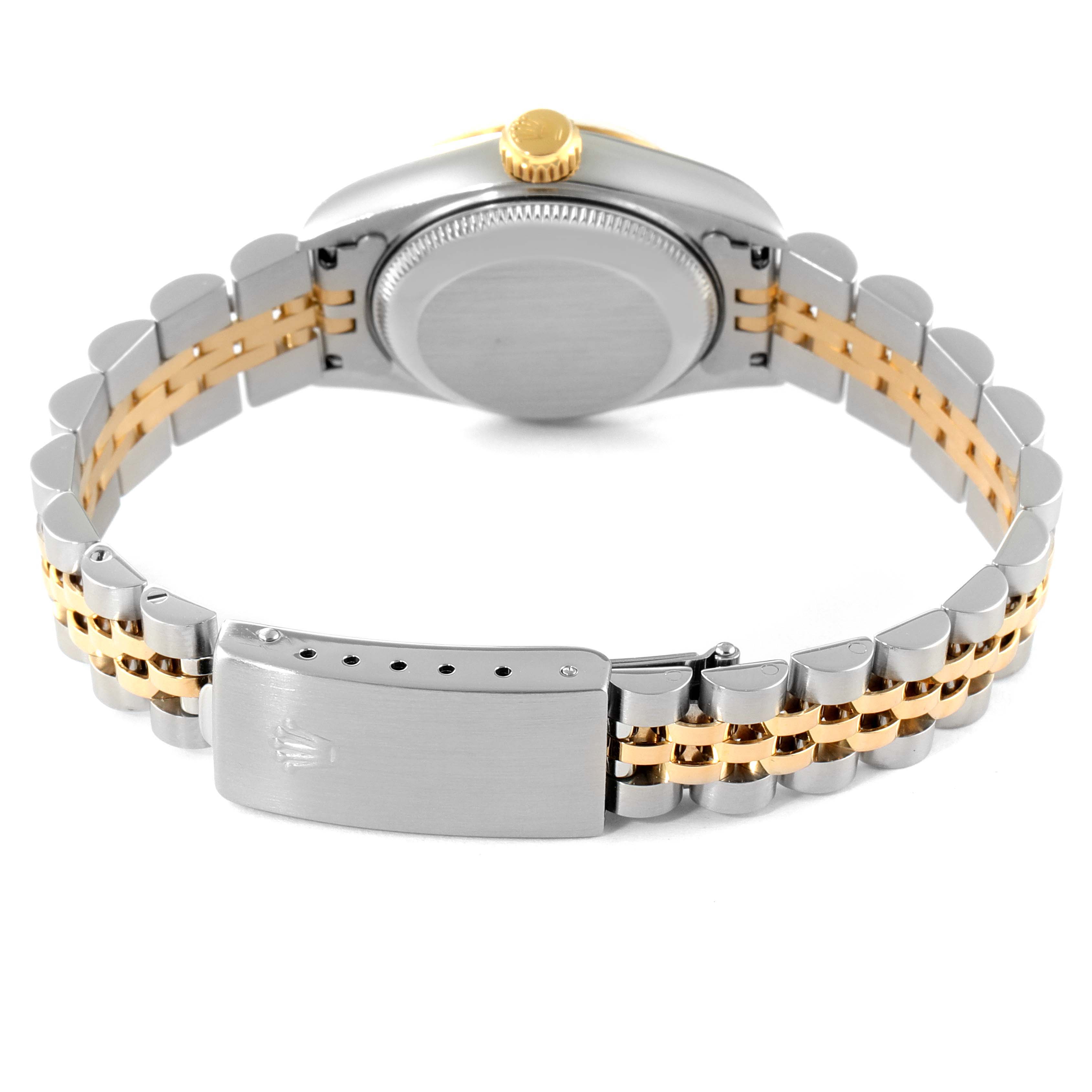This image shows the back view of the Rolex Datejust 69173 Women
s Steel and Gold (two tone) Champagne Dial 69173 Women
s Steel and Gold (two tone) Champagne Dial watch, highlighting its two-tone bracelet and clasp.