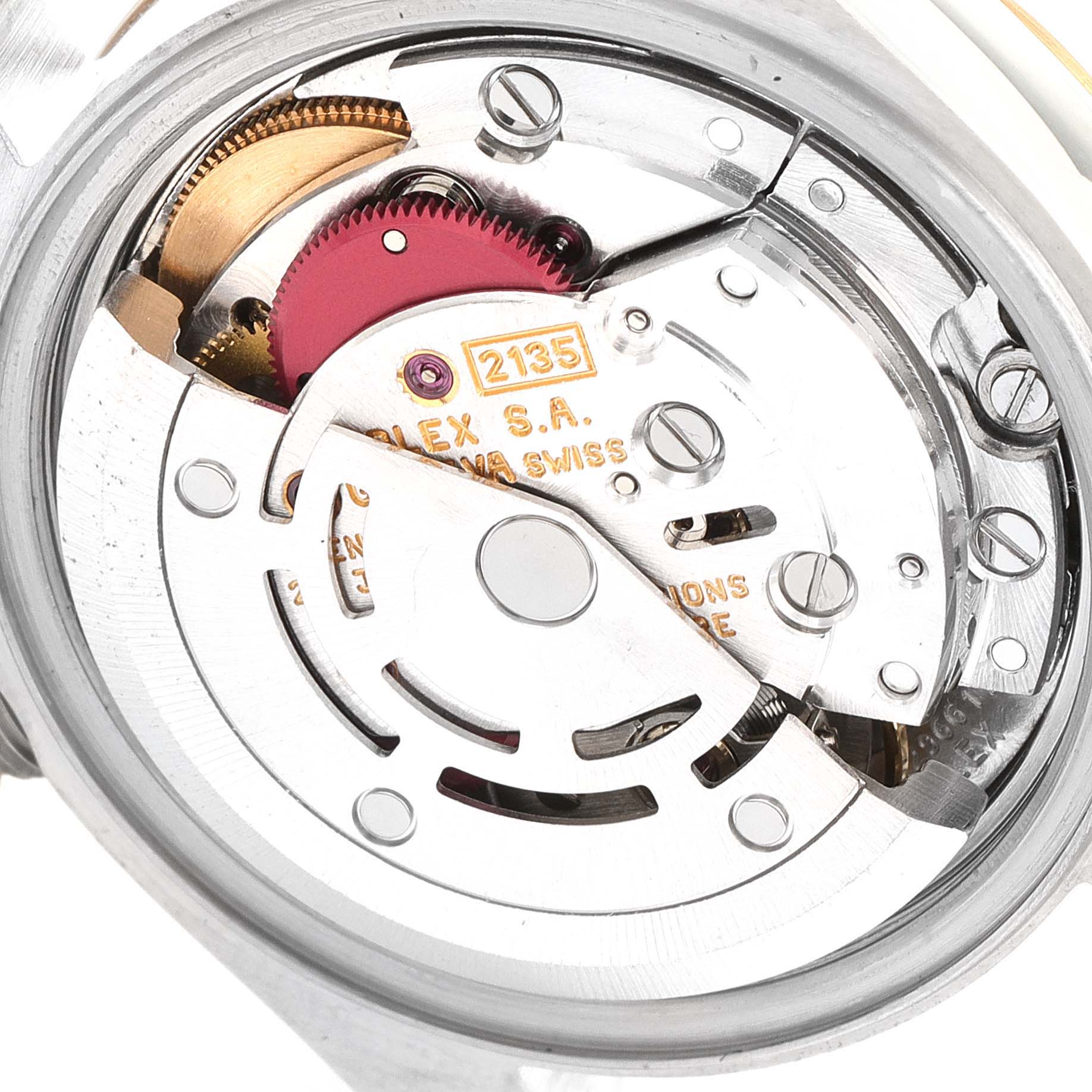 This image shows the movement mechanism of a Rolex Datejust 69173 Women
s Steel and Gold (two tone) Champagne Dial 69173 Women
s Steel and Gold (two tone) Champagne Dial watch from a close-up, top-down angle.