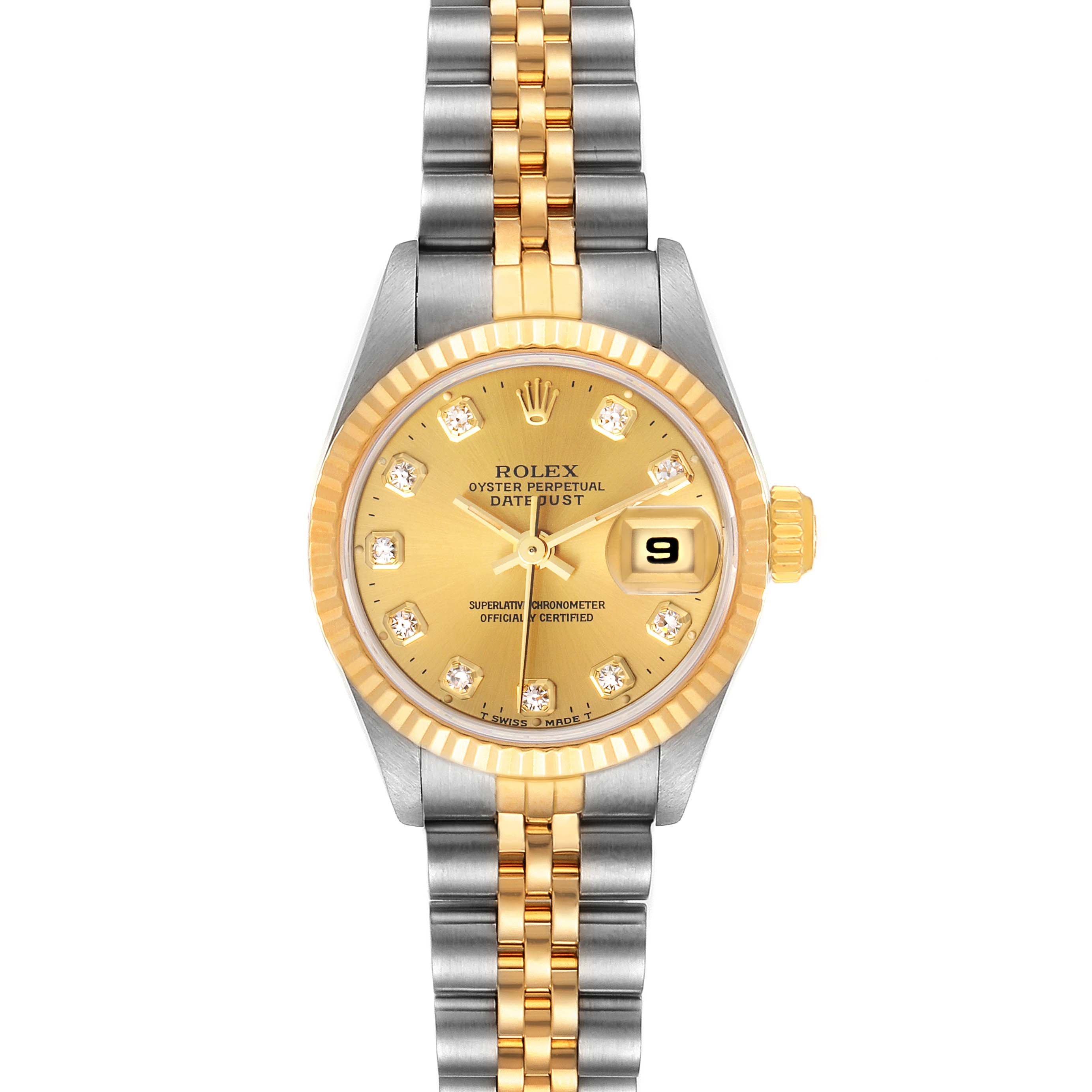 This Rolex Datejust 69173 Women
s Steel and Gold (two tone) Champagne Dial 69173 Women
s Steel and Gold (two tone) Champagne Dial model is shown from the front, highlighting its gold dial, gold and silver bracelet, and fluted bezel.