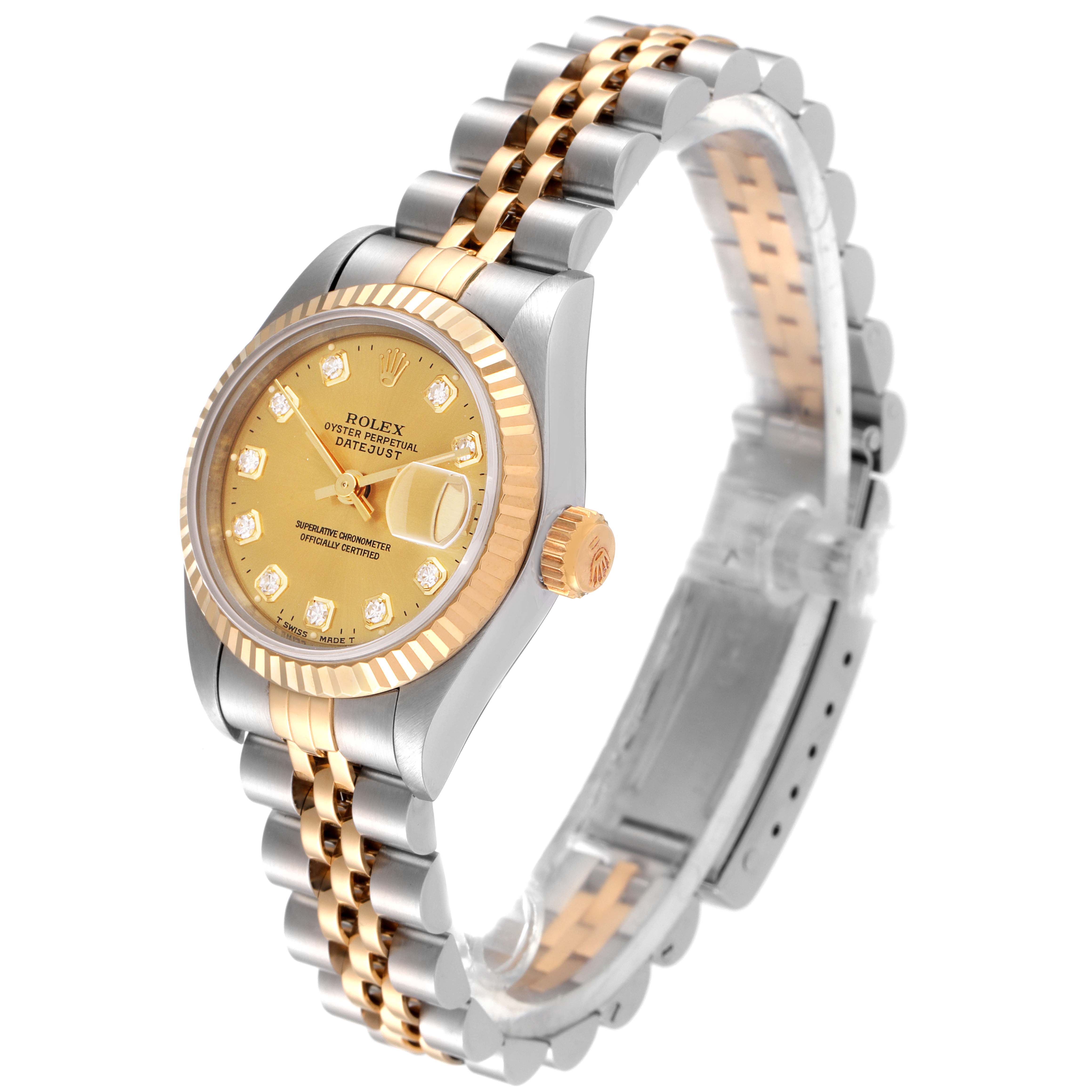 The Rolex Datejust 69173 Women
s Steel and Gold (two tone) Champagne Dial 69173 Women
s Steel and Gold (two tone) Champagne Dial watch is shown at an angle highlighting its face, crown, and two-tone bracelet.