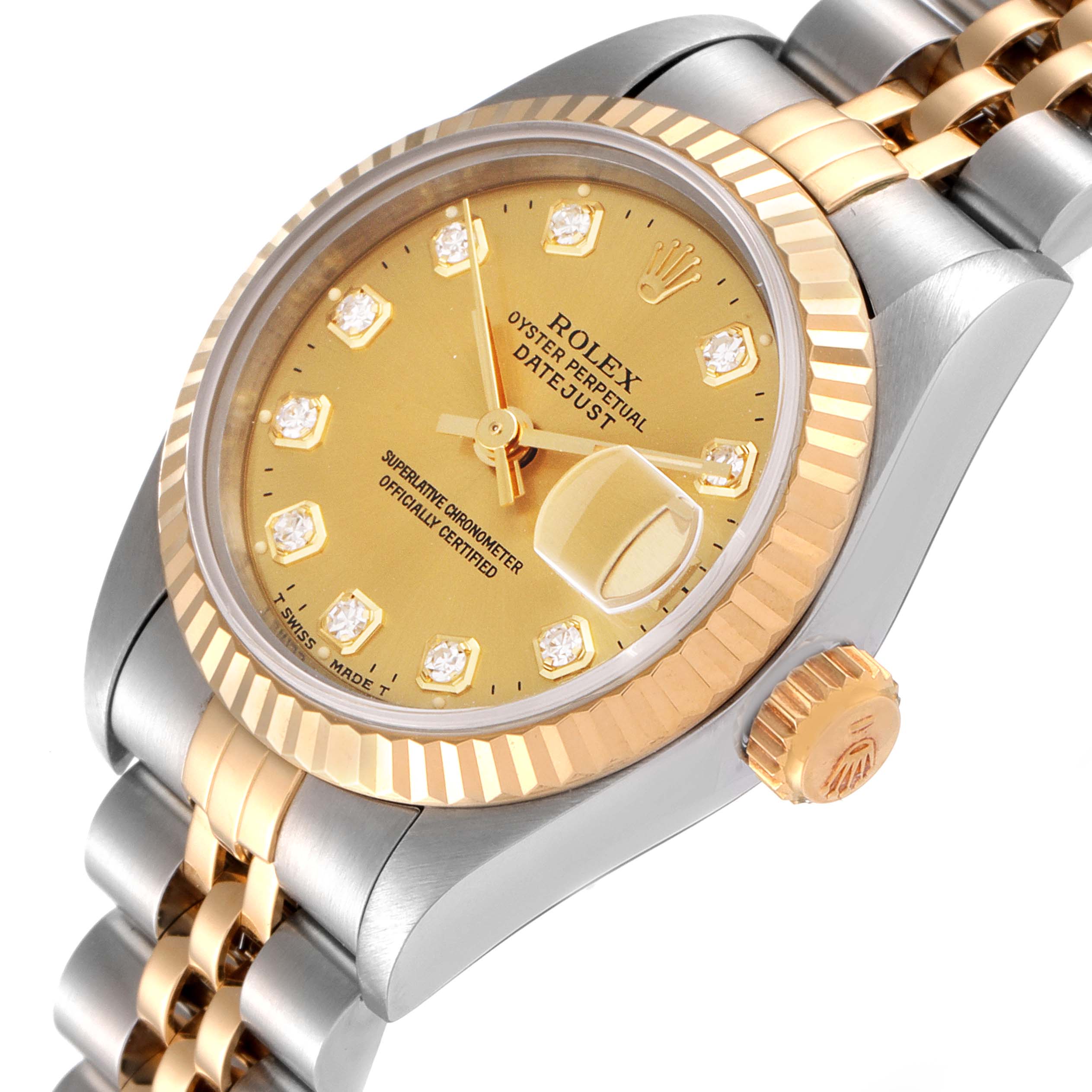 This image shows a close-up view of the Rolex Datejust 69173 Women
s Steel and Gold (two tone) Champagne Dial 69173 Women
s Steel and Gold (two tone) Champagne Dial watch
s dial, bezel, crown, and bracelet.